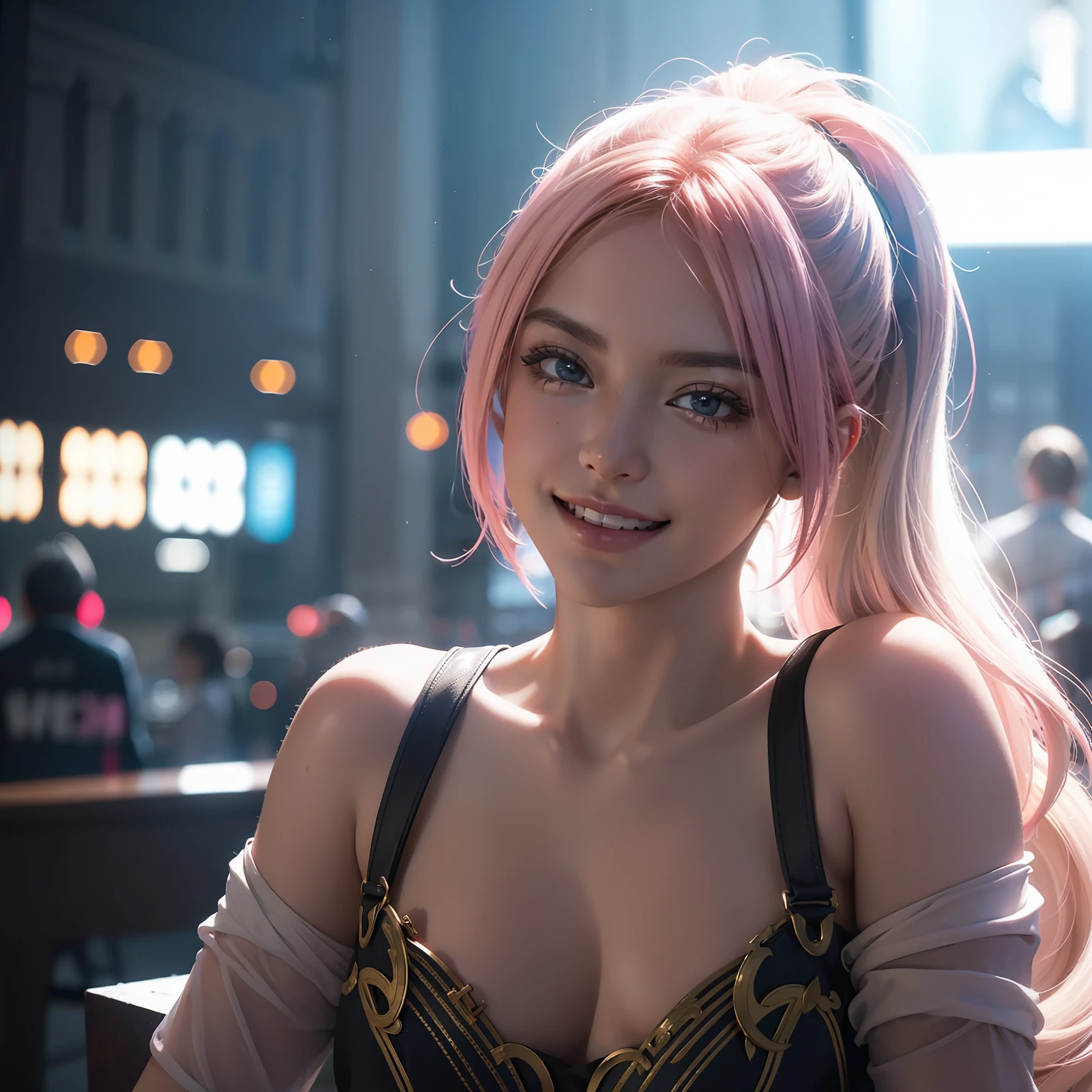 Portrait photo of a young european girl, (laughing:0.7), posing, look at a camera, pink ponytails hair, complex city background, backlit, (cinematic:1.5), epic realistic, hyperdetailed, insane details, intricate details, accent lighting, soft volumetric light, bokeh, (dramatic light:1.2), (neutral colors:1.3), cross process