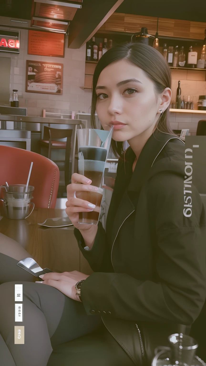 there is a woman holding a comb and a knife in her hand, candid picture, low quality photograph, desaturated!!, very very low quality picture, low quality photo, candid photograph, candid photo, in a coffee shop, sitting in a cafe, with a drink, instagram story, postprocessed), desaturated!, with a straw, very accurate photo, blurry image