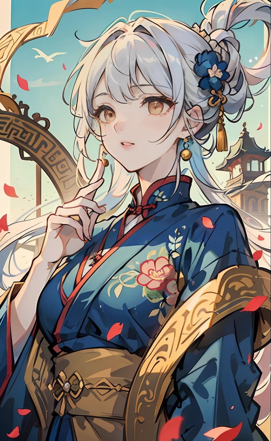 Mature girl ,orange eyes,Blue-white hair color,Floating hair,Delicate and agile eyes,Intricate damask Dai costumes,Gorgeous accessories,Wearing pearl earrings,fov,f/1.8,tmasterpiece,Ancient Chinese architecture,blue-sky,Petals flying,Frontal portrait shot,Chang'e,Side lighting,The sun shines on people,Dai costumes,Hanfu,8K