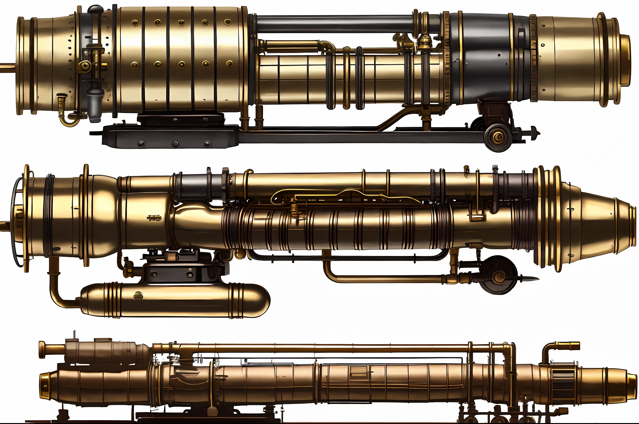 school bus、steampunc、from side view、brass、steel、Great photos of pipes、White background