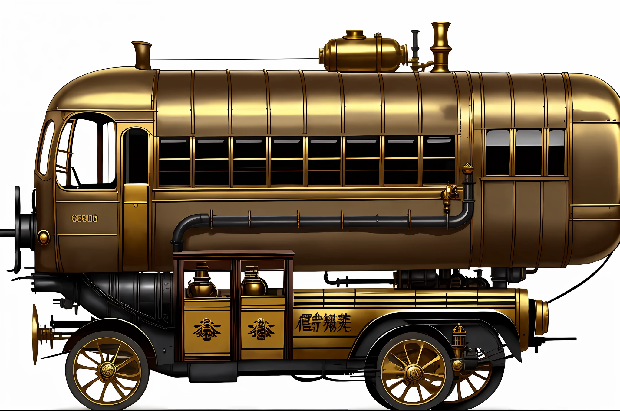 school bus、steampunc、from side view、brass、steel、Great photos of pipes、White background