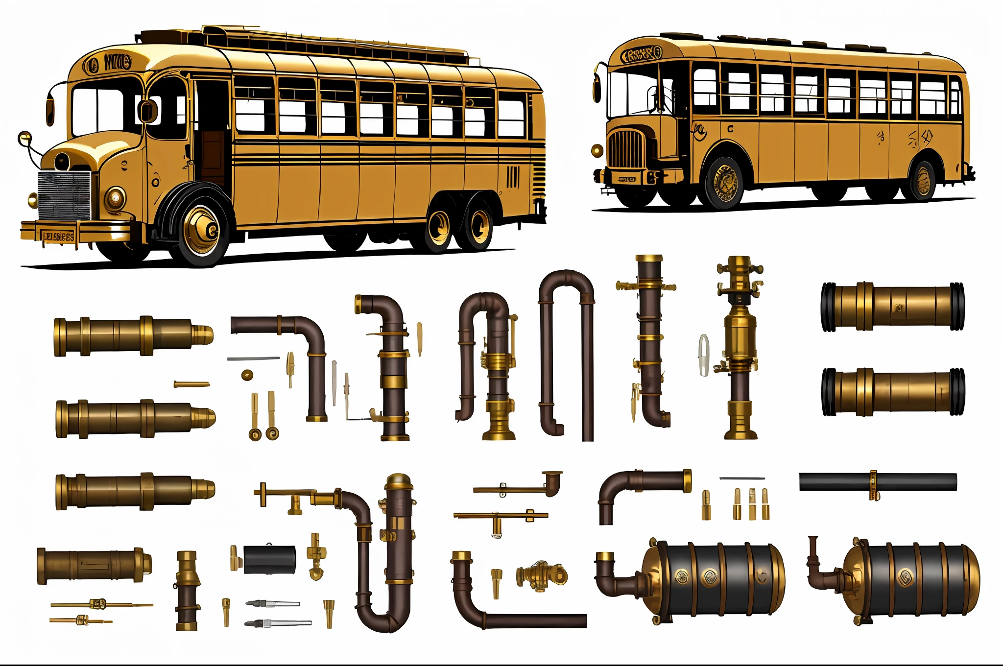 school bus、steampunc、from side view、brass、steel、Great photos of pipes、White background