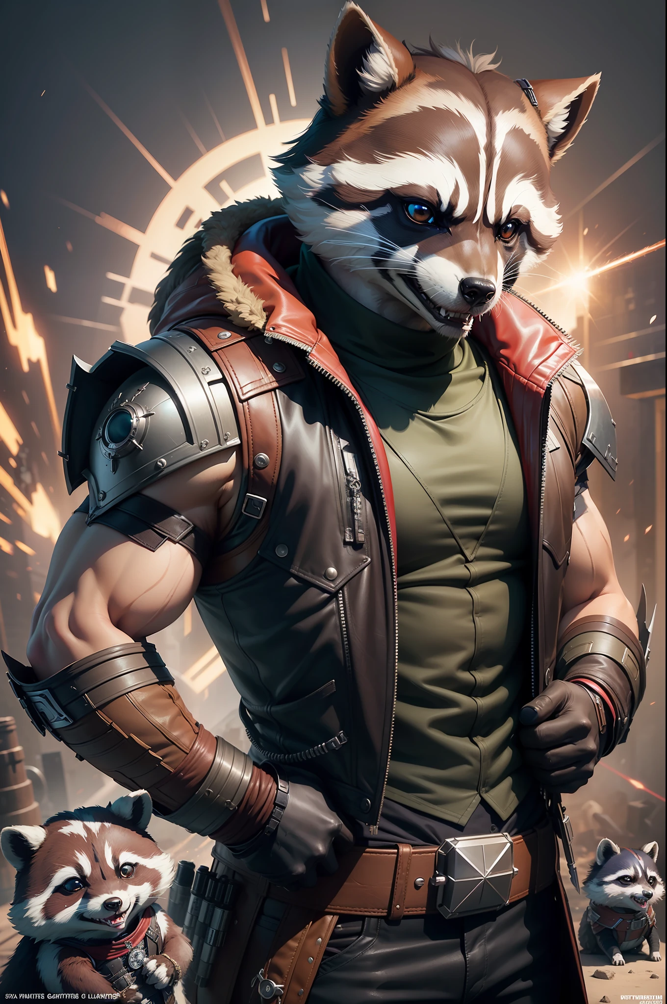 "tmasterpiece,hyper-high detail,Cinema lenses,high high quality,Realistic rendering,(Rocket raccoon+White-brown raccoon:1.2+anthropomorphic turtle+Smiled confidently+Sharp teeth and a sharp tongue are exposed),ruin background,火焰,laser guns,the scars,4k wallpaper,Energetic+(Wear a leather vest and sword belt:1.1),(from guardians of the galaxy:1.2),Fluffy hair,Cinema lenses,fashionable and trendy,Official website art,8K,真实感,unreal-engine。"
