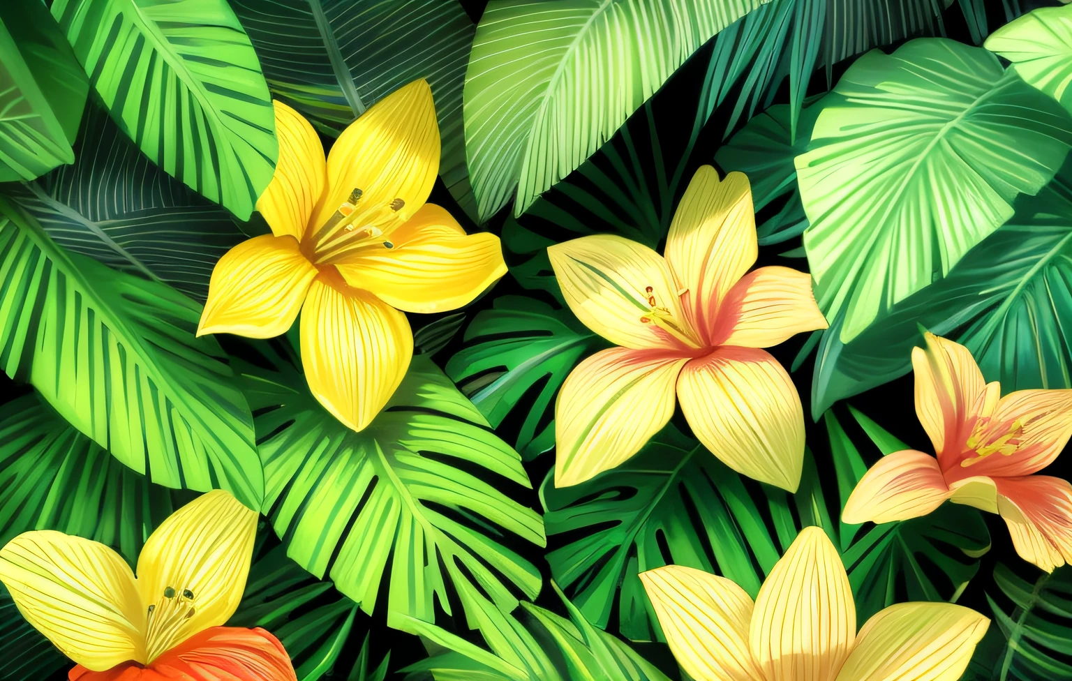 Tropical foliage and flower background, tropical flower plants, tropical plants and flowers, beautiful tropical flowers, colorful tropical plants, blooming tropical flowers, Tropical plants, lush garden leaves and flowers, tropical flowers, tropical background, detailed digital illustration, photorealistic print of exotic, tropical foliage, subtropical flowers and plants, Tropical leaves, matte digital illustration, tropical atmosphere, detailed beautiful plants