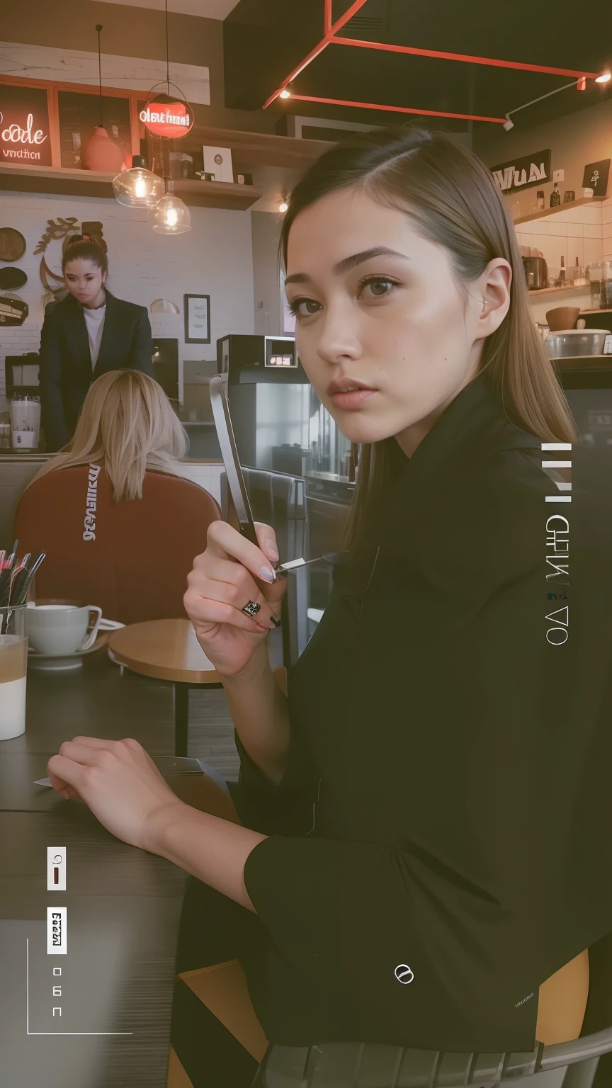 there is a woman holding a comb and a knife in her hand, candid picture, low quality photograph, desaturated!!, very very low quality picture, low quality photo, candid photograph, candid photo, in a coffee shop, sitting in a cafe, with a drink, instagram story, postprocessed), desaturated!, with a straw, very accurate photo, blurry image