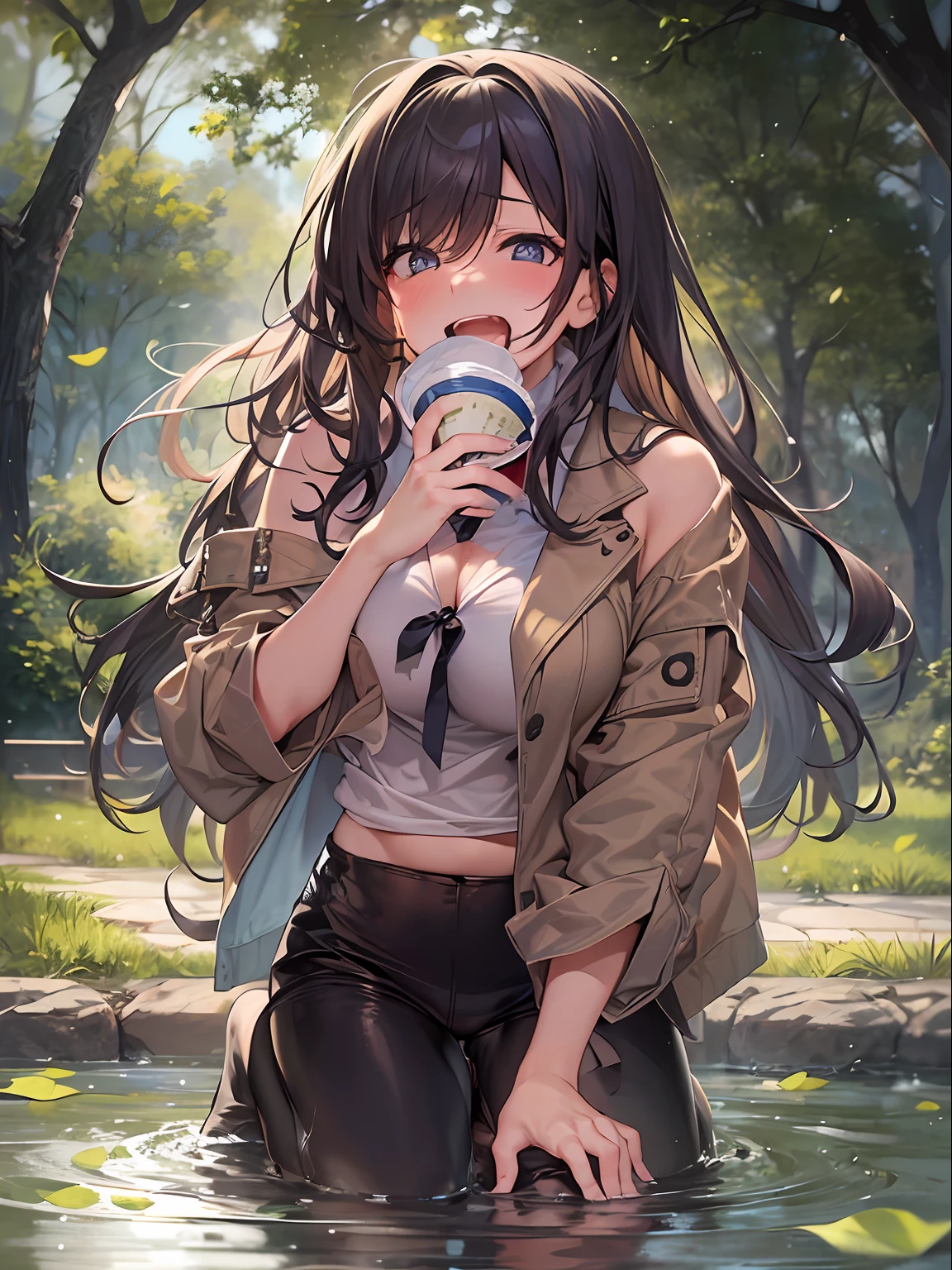 top-quality、masterpiece、超A high resolution、(Photorealsitic:1.4)、One girl yawning in the park、Panting face、A dark-haired、Dramatic Lighting、full body Esbian、maikurobikini、huge-breasted、in bad、a park、Pubic hair shows through、all-fours、blushed face、Functional、Nasty