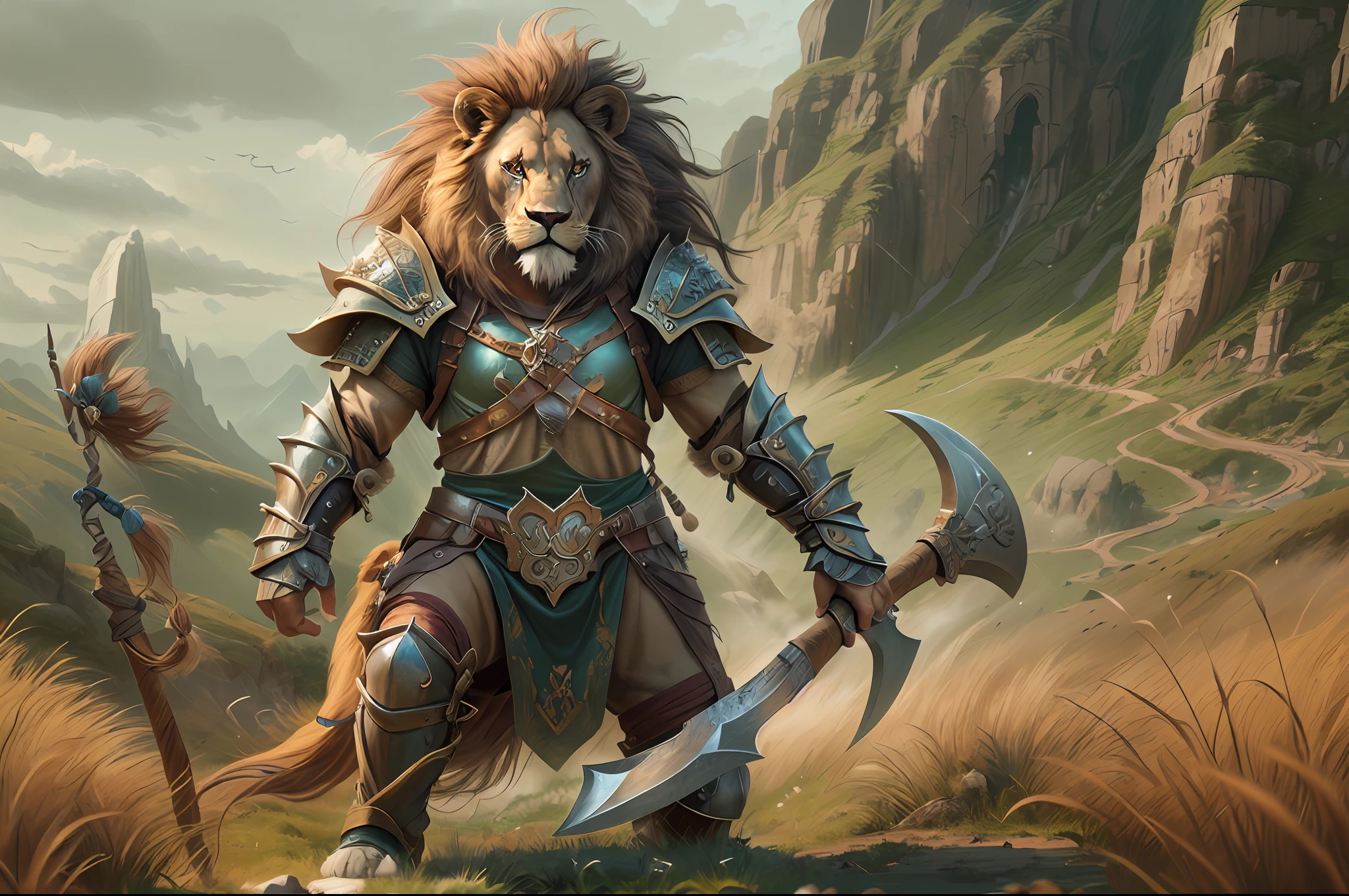 a picture of an an anthro lion warrior, armed with an axe (intense details, Masterpiece, best quality: 1.5),, wearing heavy armor (intense details, Masterpiece, best quality: 1.5), big lion mane, grasslands background (intense details, Masterpiece, best quality: 1.5), high details, best quality, 8k, [ultra detailed], masterpiece, best quality, (extremely detailed), ultra wide shot, photorealistic, RAW, fantasy art, dnd art, fantasy art, realistic art, octane rendering, an ultra wide angle