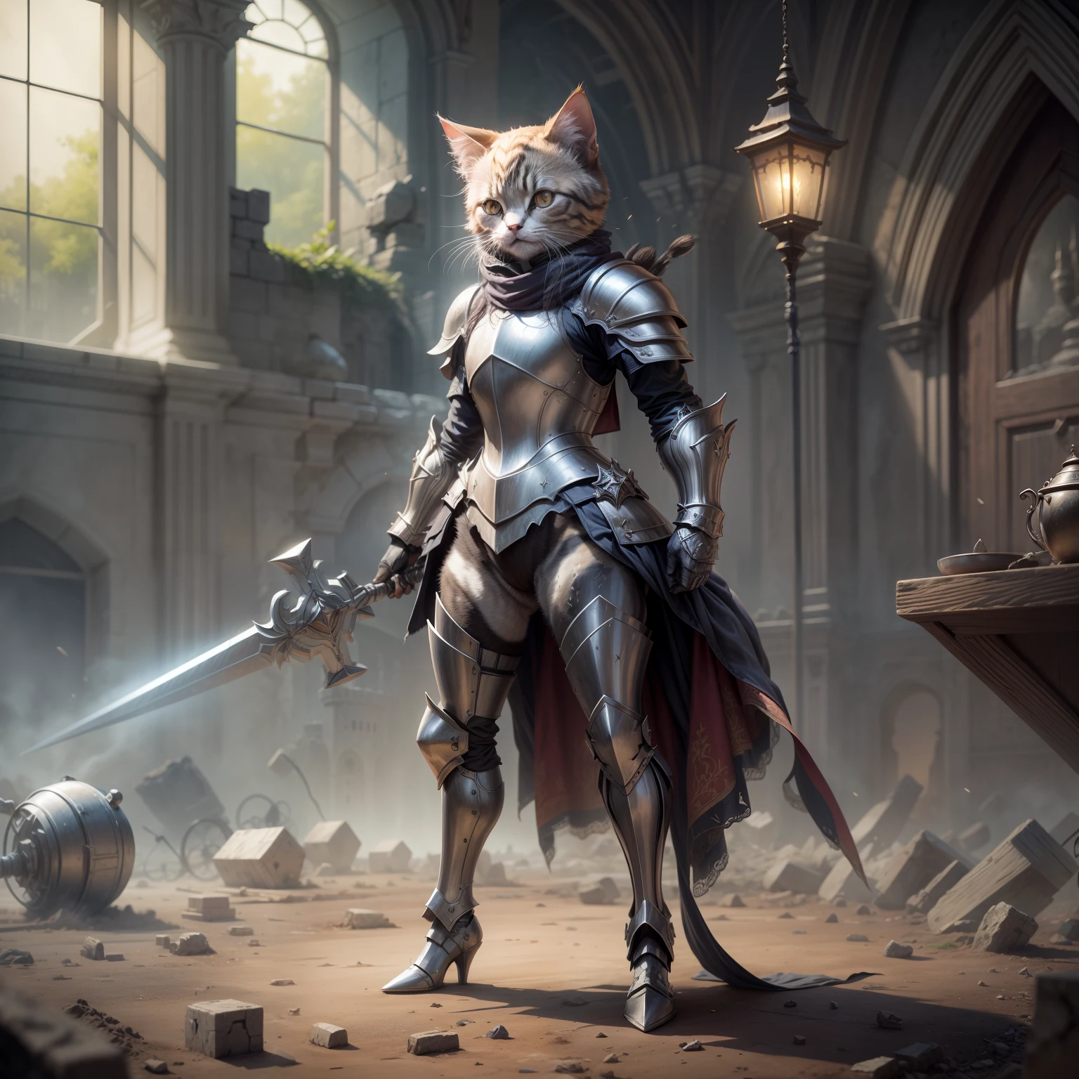 （The kitten stood up like a human：1.5），（Full body photo），middle，1 kitten knight（pussycat，armor，small stature，emaciated），Stand on both legs，miracle，Damaged armor，NOhumans，rays of moonlight，Fantastic brilliance，Castle of destruction，（globalillumination、Ray traching、HDR、Unrealistic rendering、Rational design、tmasterpiece、best qualtiy、hyper HD、cinmatic lighting）