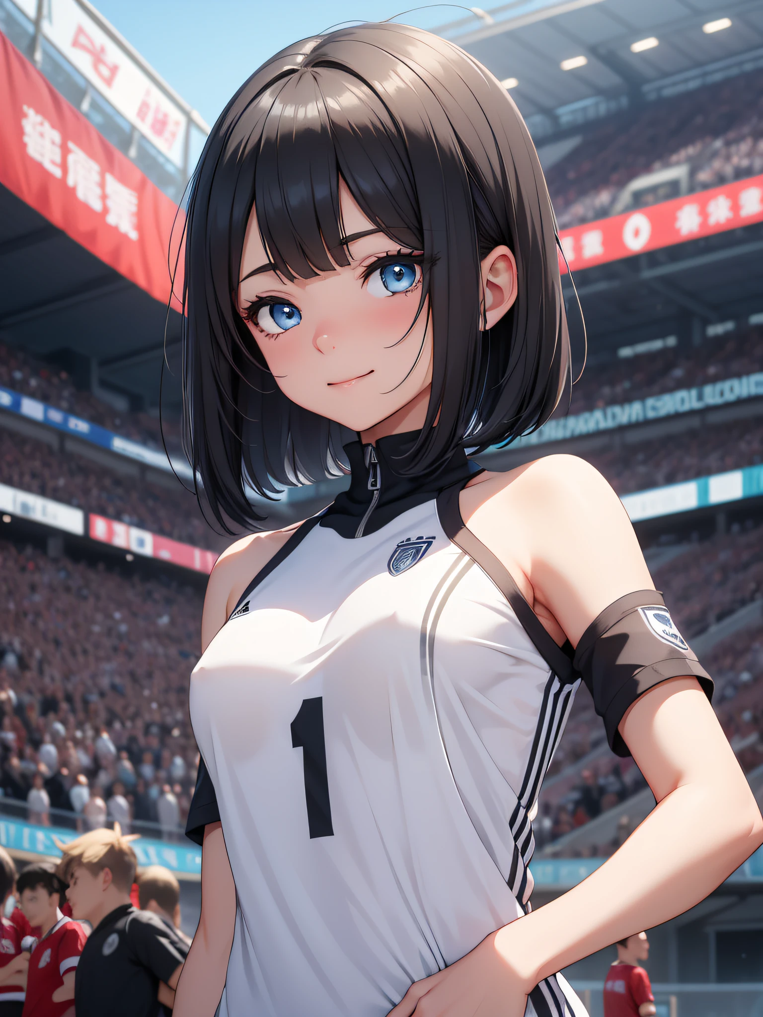 Top quality ultra-detailed CG art、Soccer Cheering：１.２）、black head、Glossy hair、smooth hair、large blue eyes,Mid summer、Delicate body、breasts are small、short in stature、It features a simple、ssmile、short in stature、cheerful girl、Tying hair、、bob cuts、vertical stripes、