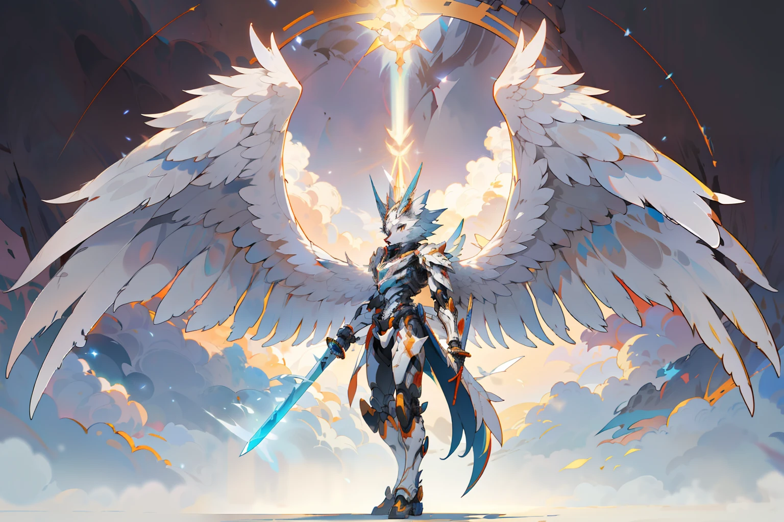 anime wolf character with wings and sword standing in front of a star, angel knight wolf, armor angle with wing, futuristic robot angel, 2. 5 d cgi anime fantasy artwork, style of duelyst, mecha wings, archangel, mystical valkyrie, beautiful cyborg angel wolf, warrior of light, high detailed official artwork, winged archer, angel in plastic armor