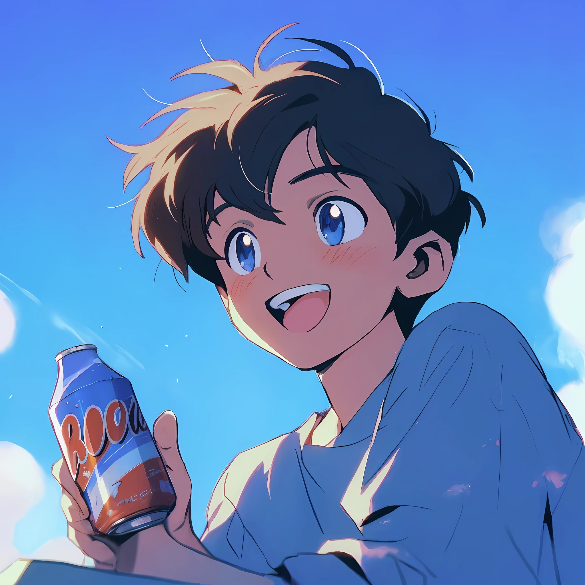 Anime boy holding a can of soda looking at the camera, Praise Artstyle, Anime boy, in the art style of 8 0 s anime, shinji, style of anime4 K, High Quality Anime Art Style, lofi, anime art style, 4k manga wallpapers, 9 0 s anime art style, Lofi art, anime wallaper