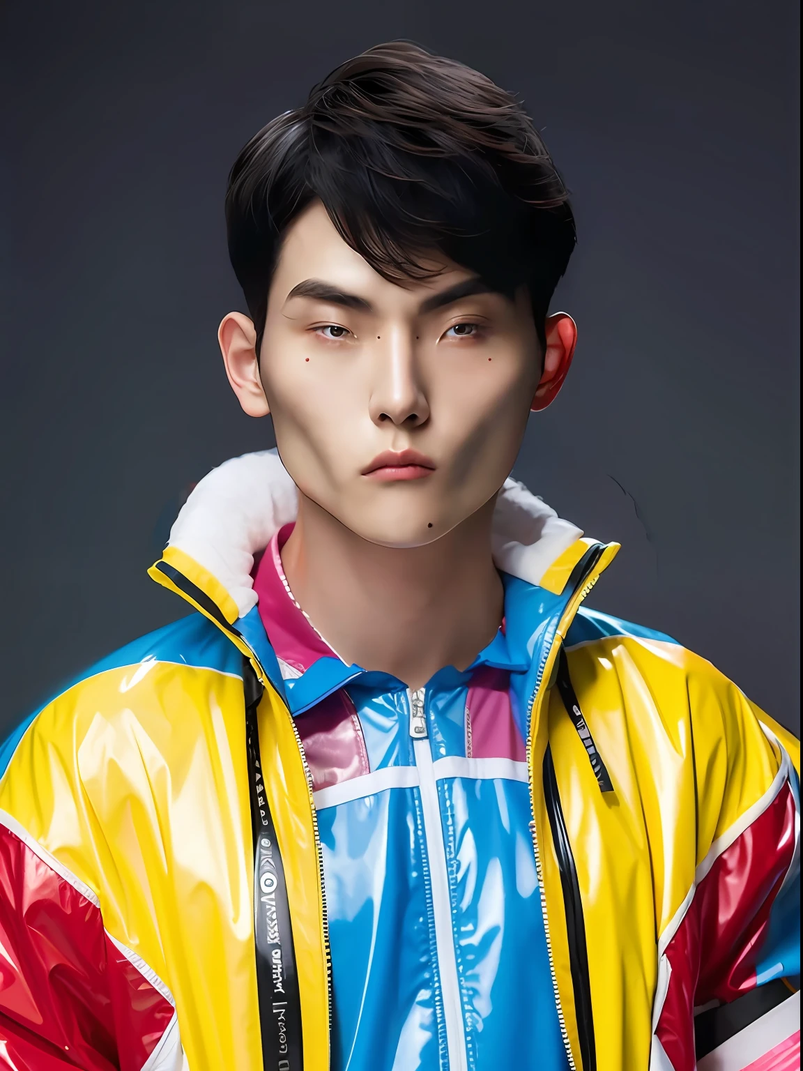 A Chinese male high school student，Wear PVC colored sportswear，wearing hat
