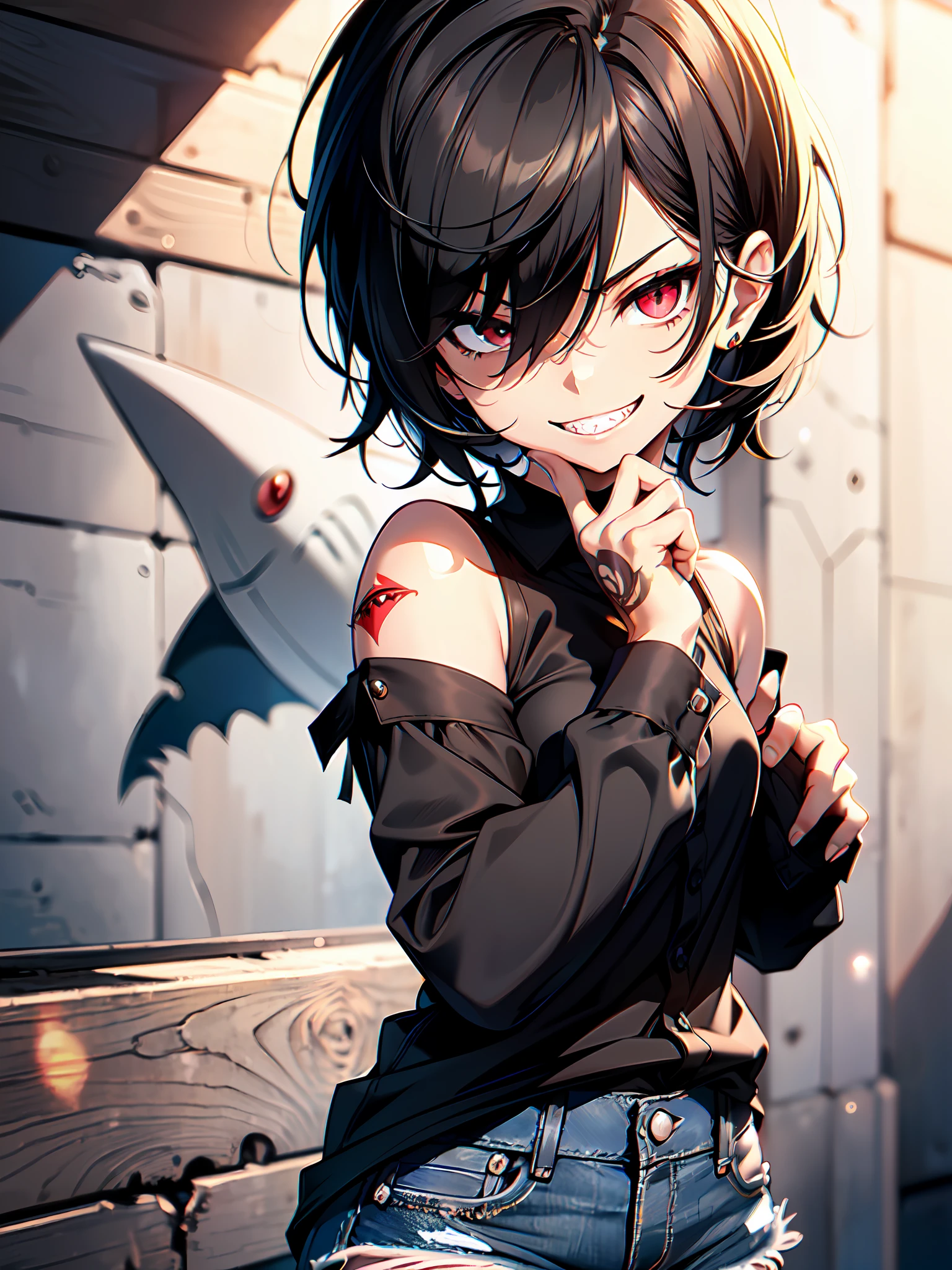 (best quality, detailed drawn hands, realistic fingers), (masterpiece, sidelighting, finely detailed beautiful eyes: 1.2), ((best quality)), ((masterpiece)), (highly detailed:1.3), anime, girl, small chest, childish body, (black shirt, shirt with bare shoulders), denim shorts, pale skin, (shadow cast on eyes, darkened eyes, red eyes), (shark teeth, sharp teeth, smirk, evilish smile, mischevious smile), (short-medium hair, black hair, fancy haircut), red tatto on left hand, scar on left hip, solo,