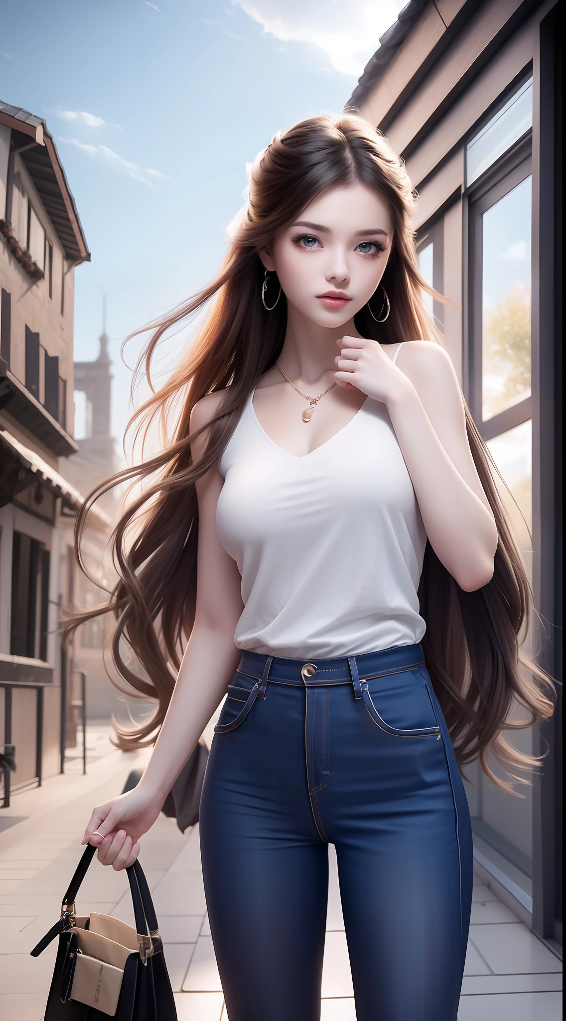 4k ultra hd, masterpiece, very high quality, a girl, age 20 years old girl, good face, smooth face, detailed eyes, beautiful hair, very long hair, hair band, cute look, modern clothes, pink shirt, black  jeans, good shoes, sitting, morning background, buildings, sun lights, clear weather, stylish looking,