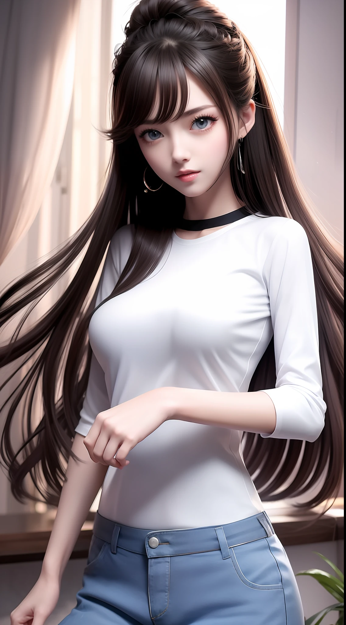 4k ultra hd, masterpiece, very high quality, a girl, age 20 years old girl, good face, smooth face, detailed eyes, beautiful hair, very long hair, hair band, cute look, modern clothes, pink shirt, black jeans, good shoes, sitting, morning background, buildings, sun lights, clear weather, stylish looking,