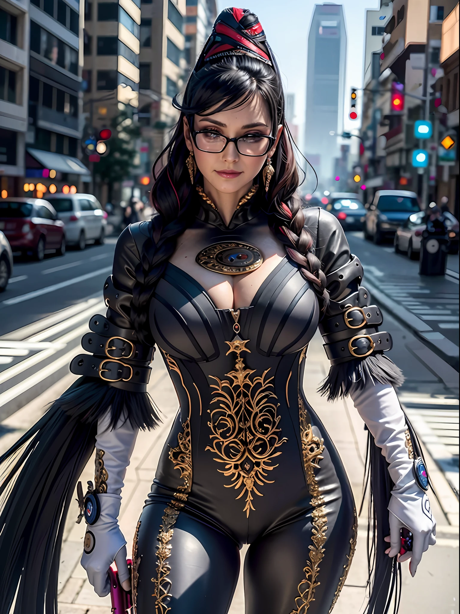 (masterpiece, best quality:1.4), (futuristic city), (standing:1.5), (front shot), 1girl, solo, (european youth:1), cereza, breasts, glasses, blue eyes, gloves, ribbon, cleavage, jewelry, weapon, ass, earrings, mole, gun, bodysuit, feathers, mole under mouth, dual wielding, sexy smile, beautiful face, highly detailed face, highly detailed eyes, highly detailed skin, skin pores, subsurface scattering, realistic pupils, large breast, hard breast, full face blush, full lips, detailed background, depth of field, volumetric lighting, sharp focus, absurdres, realistic proportions, good anatomy, (realistic, hyperrealistic:1.4), 16k hdr,