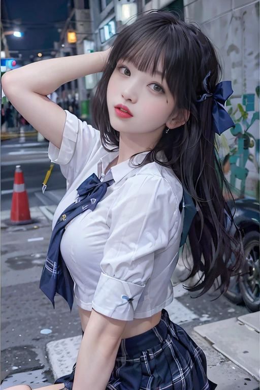 (8k, RAW photo, best quality, masterpiece:1.3),(realistic,photo-realistic:1.37),(night),(looking at viewer:1.331),(white hair),posing,Tokyo street,nightcityscape, cyberpunk city,soft light,1girl,extremely beautiful face,bust,put down hands,Random hairstyle,Random expression,big eyes, ,lower abdomen,(short-sleeved
JK_shirt),JK_style,(dark blue JK_skirt) ,(bow JK_tie),mix4