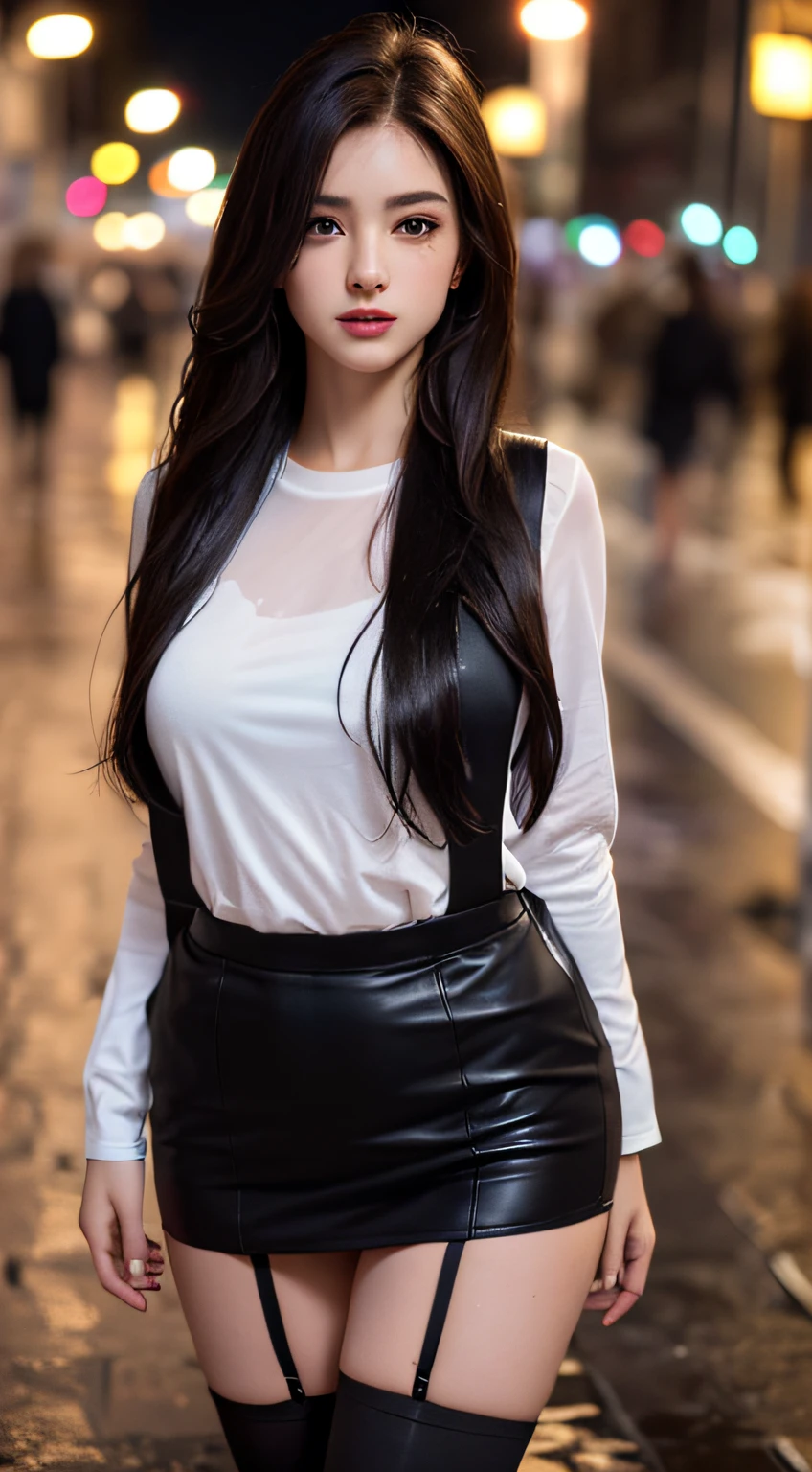 ((Realistic lighting, Best Quality, 8K, Masterpiece: 1.3)), Focus: 1.2, 1girl, Perfect Beauty: 1.4, Slim Abs: 1.1, (Big Breasts), (White Shirt: 1.4), (Outdoor, Night: 1.1), City Street, Super Fine Face, Fine Eyes, Double Eyelids, (Over the Knee Black Stockings: 1.5), (Wet in the Rain, Wet: 1.2)