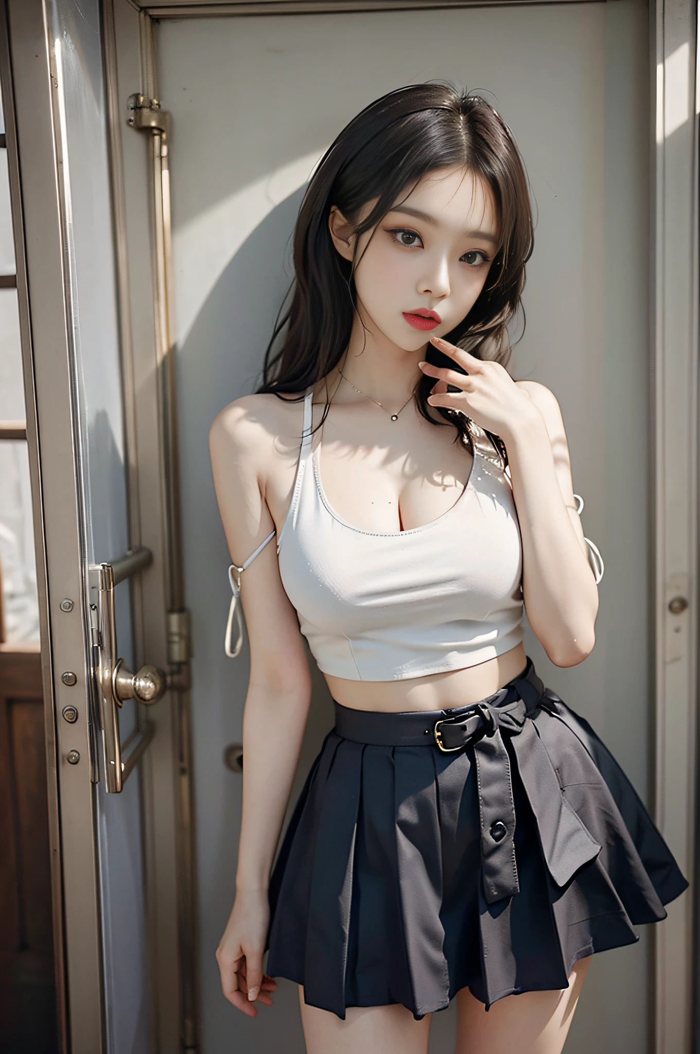 Top image quality、Raw photography、超A high resolution、Cute girl at 18 years old、Shooting for one person only、big round chest、cleavage of the breast、Patterned tank top、Skirt、Shiny hair、Beautiful Eyes of Details、very elongated eyes、Beautiful eyelashes、Beautiful double eyelids、Beautiful legs、eyeshadows、耳Nipple Ring、Standing bossy、Stand while seducing a man、Sexy outfits