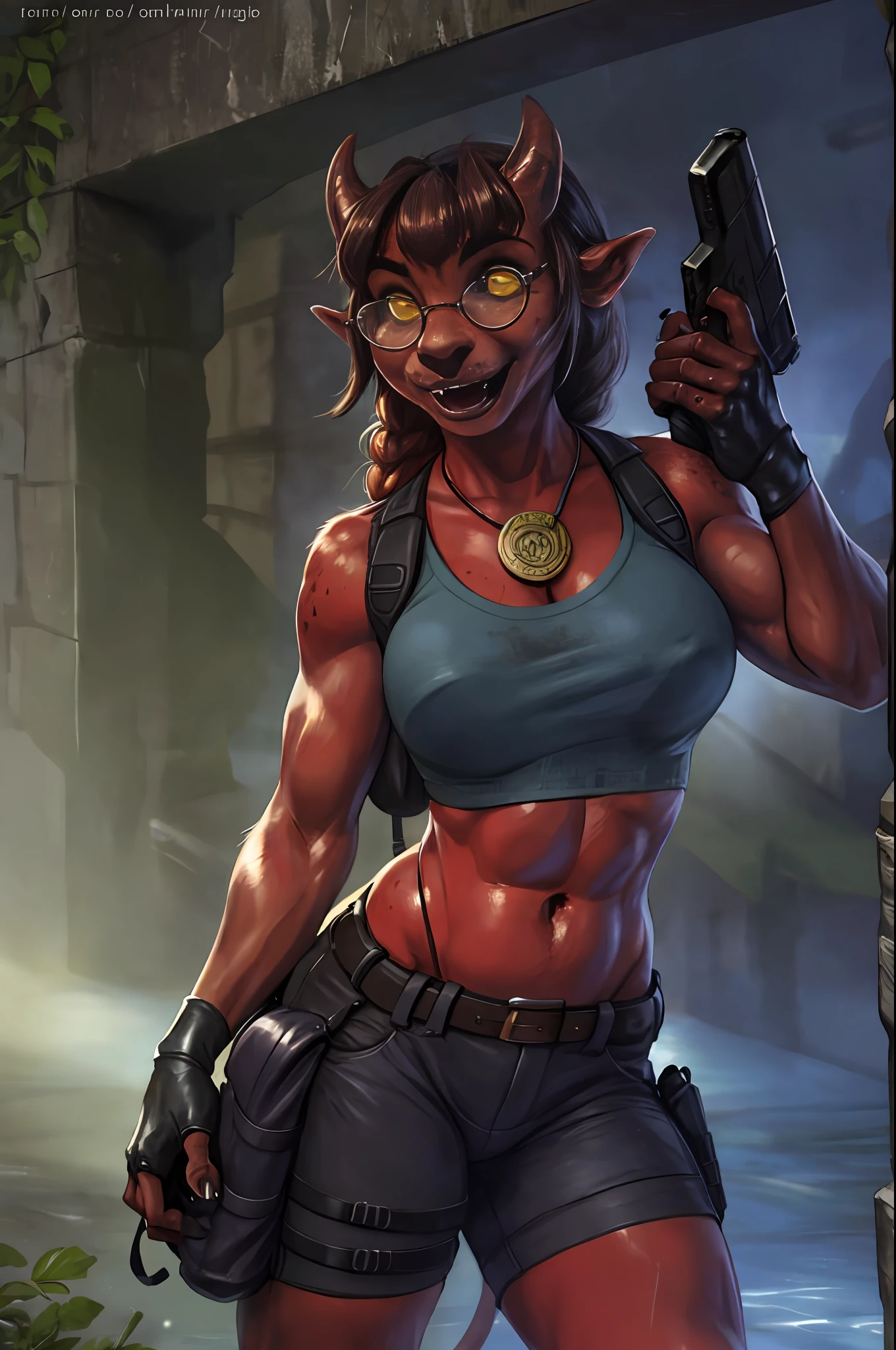 on e621, solo, (beautiful female:1.4), (Meru, Merunyaa),  ( fit, abs),( busty ), (Large erect breasts:1.2), erect nippleslips,  slim waist, cameltoe, (red hair),long braid, freckles ( Meru | Lara Croft ), (((female))),(female body),  slim sports body, BREAK
red body, (1demon tail),  ( kemono :0), red skin, shining oily skin, (2short horns), Half-nude,  BREAK
( khaki shorts ),  BREAK 
(lightblue crop top:1.2), (crop top opened bottom:1.2), [[slim swimsuit]], BREAK
( 2pistolholsters on her thighs ), (thigh knife strap), wide belt, leather straps on hips and biceps,    
( 1small backpack on her back:1.2), army boots,  black leather tactic fingerless gloves, BREAK
( (red) round glasses :1.2), (red glasses),  BREAK
ancient medallion around the neck,
    
(body portrait),              
(detailed eyes, detailed cat-pupils, yellow eyes, glowing eyes), BREAK
outdoors,   
tomb raider, in ancient tomb, light of torches,
on darkness background, reflections of plame,   
(particles ,firefly, blue glowing, bioluminescence ),romantic mood, BREAK
seeker of adventures, tomb raider,

(surrounded by multiply small bats) , (2 pistols), (2guns aiming at you) , (gunatyou), perspective, gun accent, (guns Akimbo),  BREAK

detailed background, photorealistic, sharp focused pupils, realistic hands, 8k HD, high res, hi-res, 
(dark shadows, wide dynamic range, hdr, low light:1.2),
by Pino Daeni, by ruaidri, by virtyalfobo, by Kenket, (by iskra, by darkgem, by merunyaa),