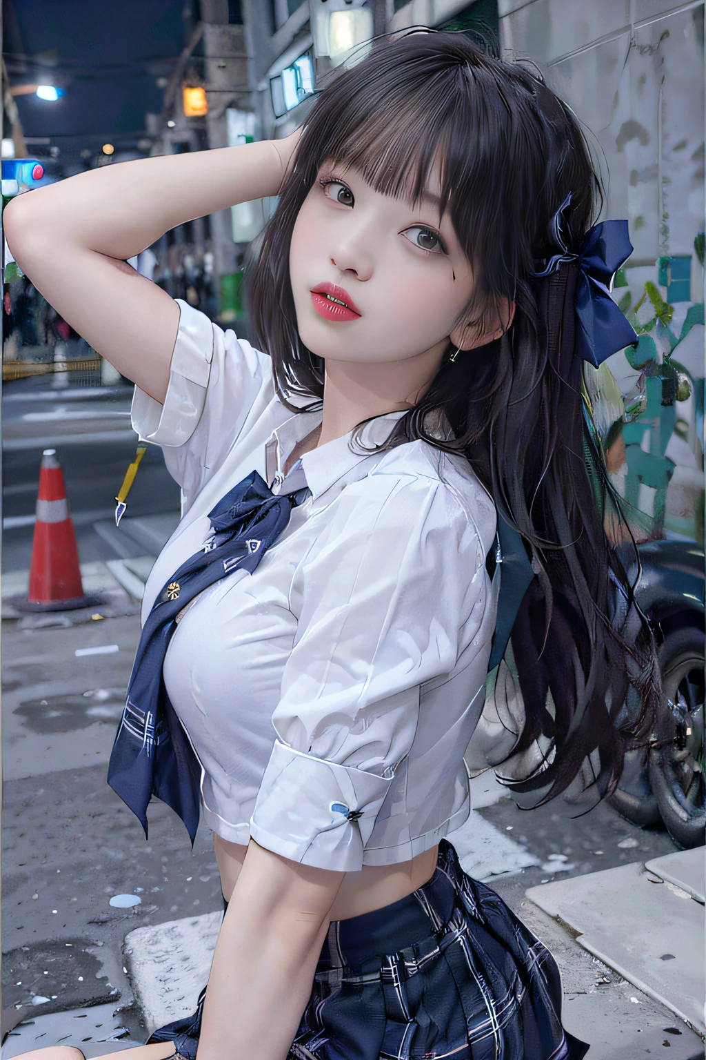 (8k, RAW photo, best quality, masterpiece:1.3),(realistic,photo-realistic:1.37),(night),(looking at viewer:1.331),(white hair),posing,Tokyo street,nightcityscape, cyberpunk city,soft light,1girl,extremely beautiful face,bust,put down hands,Random hairstyle,Random expression,big eyes, ,lower abdomen,(short-sleeved
JK_shirt),JK_style,(dark blue JK_skirt) ,(bow JK_tie),mix4