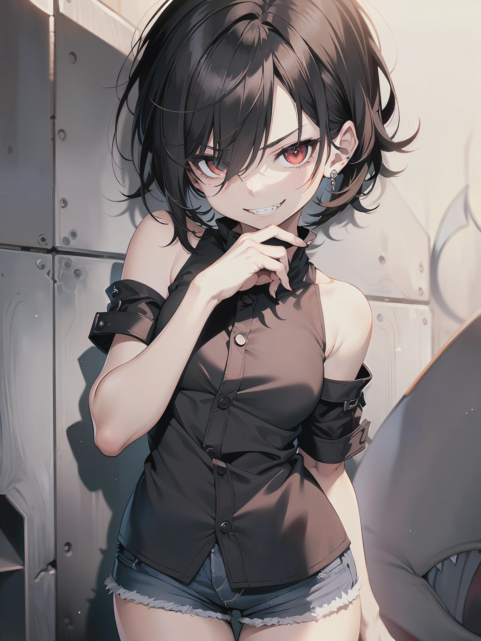 (best quality, detailed drawn hands, realistic fingers), (masterpiece, sidelighting, finely detailed beautiful eyes: 1.2), ((best quality)), ((masterpiece)), (highly detailed:1.3), anime, loli girl, small chest, childish body, (black shirt, shirt with bare shoulders), denim shorts, pale skin, (shadow cast on eyes, darkened eyes, red eyes), (shark teeth, sharp teeth, smirk, evilish smile, mischevious smile), (short-medium hair, black hair, fancy haircut), red tatto on left hand, scar on left hip, solo,