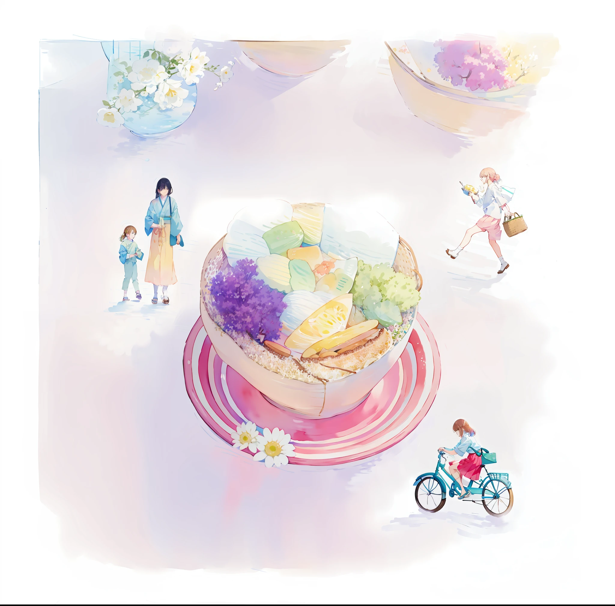 there are a lot of people that are walking around a basket, watercolor illustration style, blurred and dreamy illustration, pastel style painting, by Yanagawa Nobusada, blurry and dreamy illustration, watercolor illustration, illustration!, a beautiful artwork illustration, painterly illustration, by Yuko Tatsushima, watercolor artstyle, dreamy illustration, on a sunny day, amazing food illustration