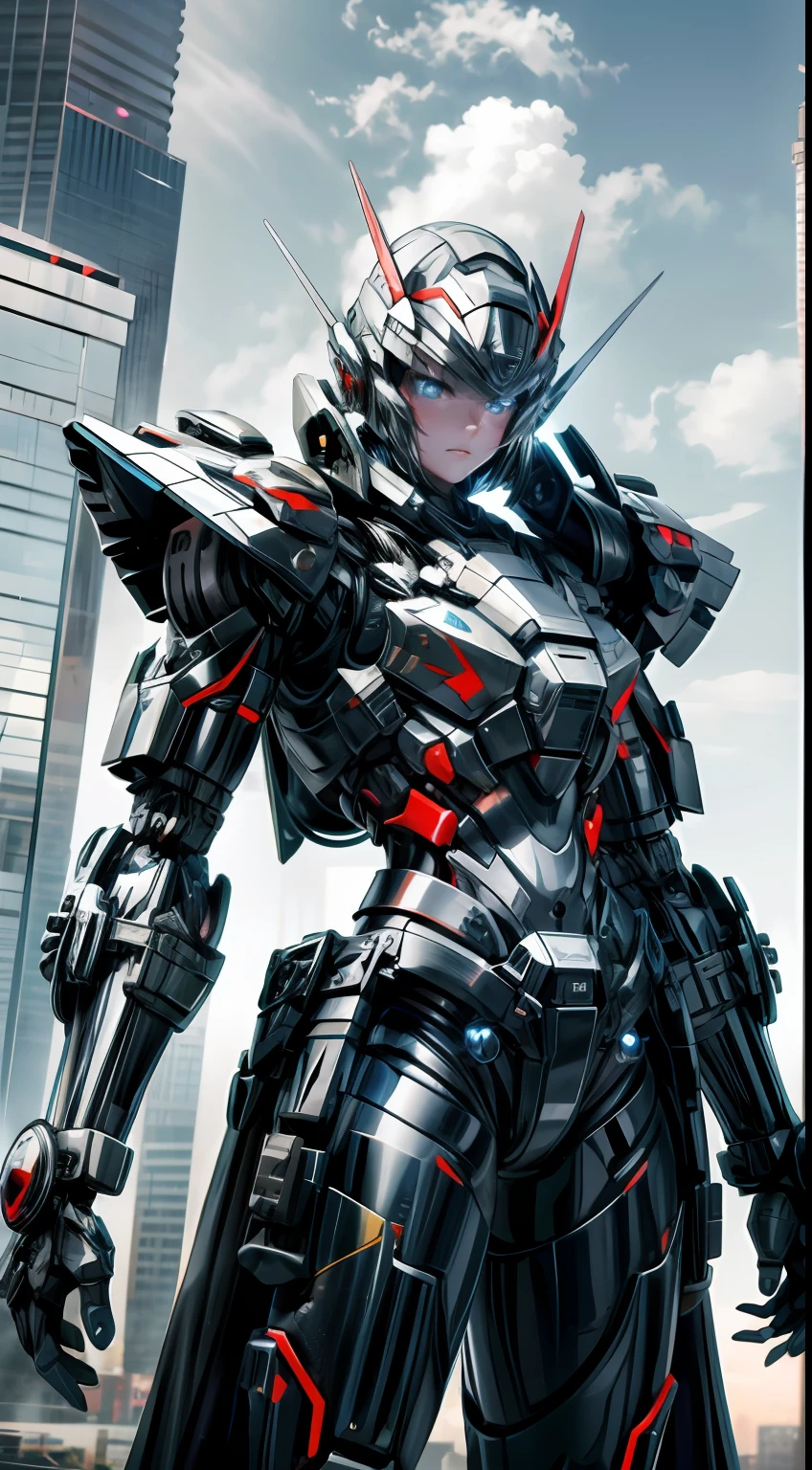 A mech teenager,future warrior,exquisite facial features,Radiant eyes,eye closeup,Pants made of special steel wire,Then comes the upper body armor,Characteristic gloves and metal boots,A helmet full of sci-fi colors,All made of thickened alloy,(Red and black mech),The eye position is bulletproof glass。Put on this outfit,There was more of a solemn breath on the body,Like a super soldier from the future。