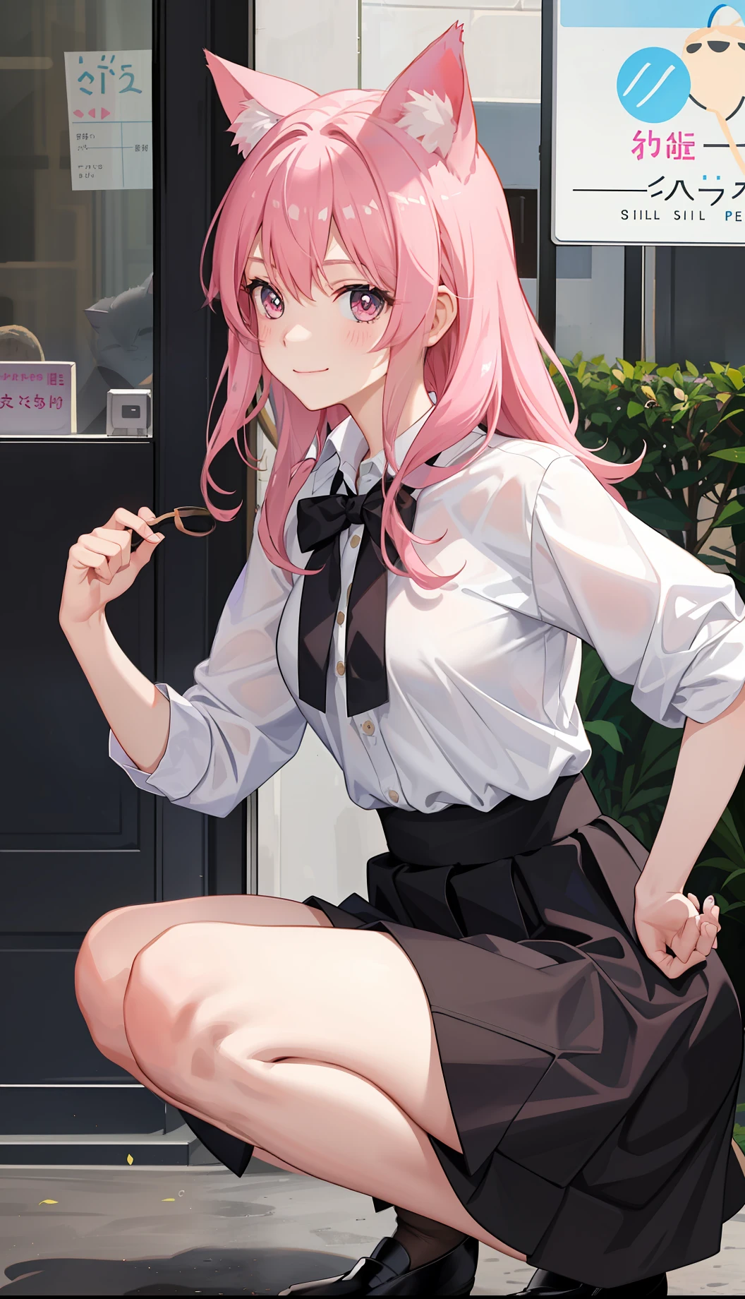 1girl in、A smile、The shirt、Blouse、skirt by the、（small tits）Chilarism、movement、A pink-haired、Cat's ears、Squatting panchira、