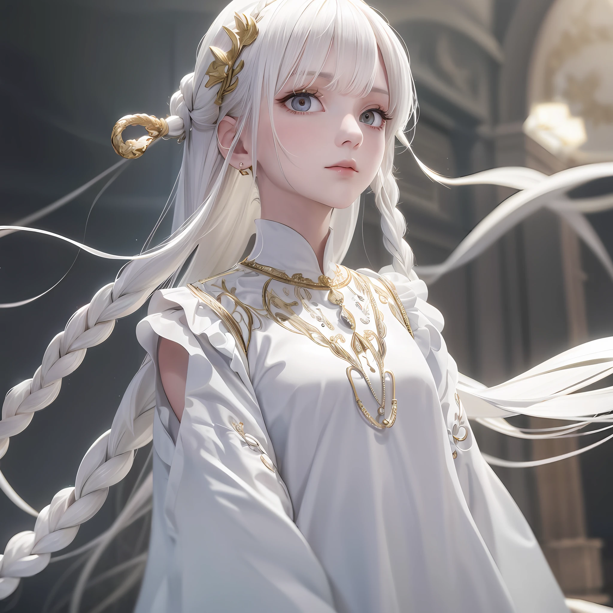 best quality, masterpiece,white hair, gold eyes,white clothes, looking up, upper body,hair strand,Fair skin,side braids