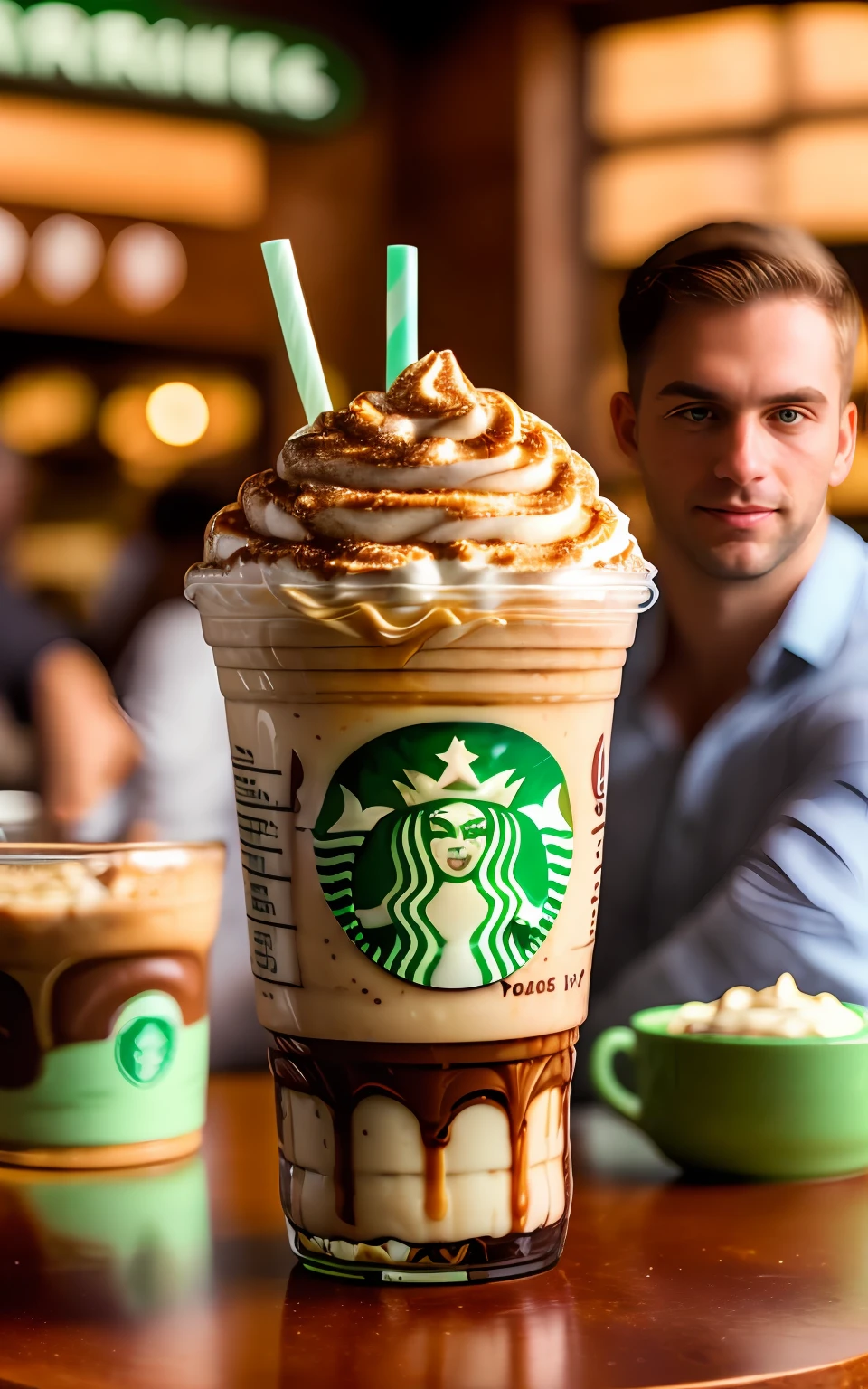 POV photo of an amazing Frappuccino milkshake with chocolate syrup. busy Starbucks dinner interior background, people in background, Starbucks logo on the glass, Cinestill 50D