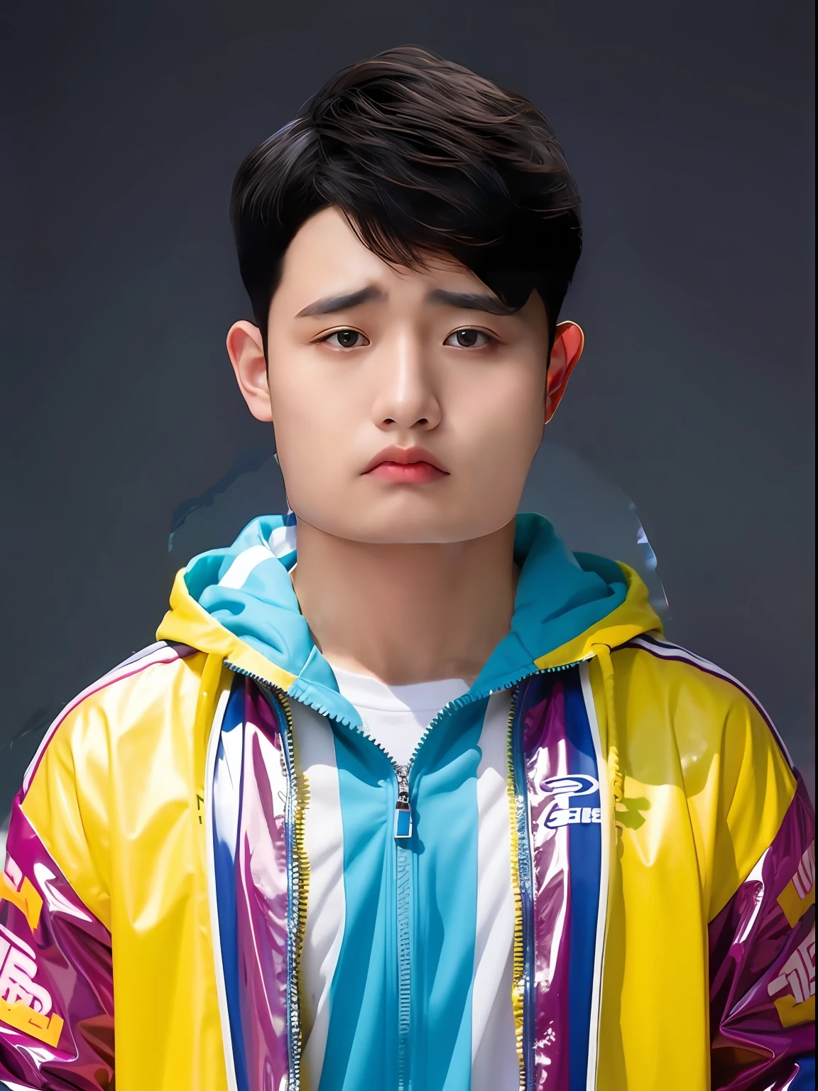 A Chinese male high school student,Wear PVC color casual sportswear,There are zippers