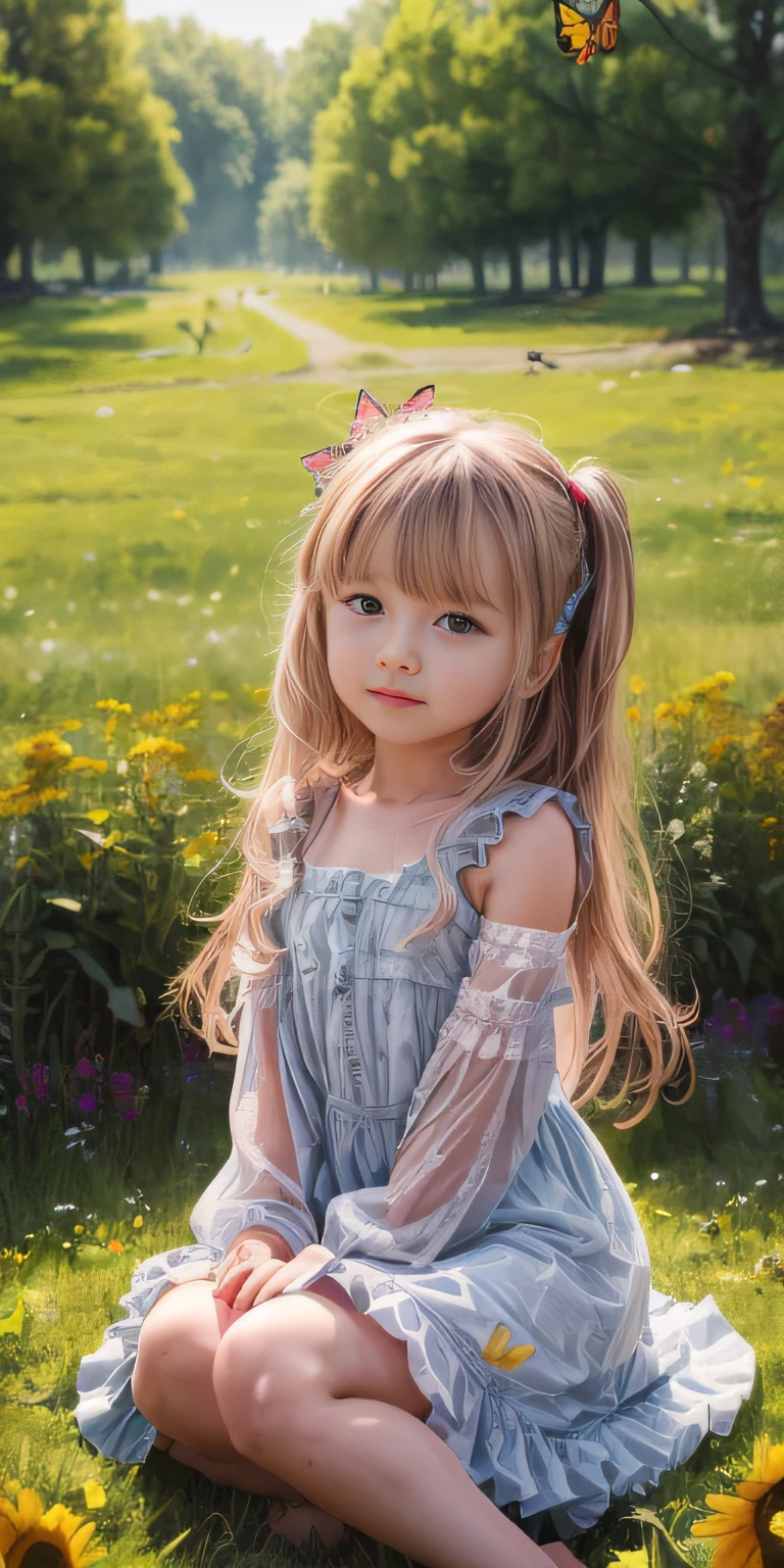 High Detail, Ultra Detail, 8K, Ultra High Resolution A cute and innocent girl, child, toddler, enjoying her time in the open field, surrounded by the beauty of nature, warm sun sprinkling on her, wildflowers gently swaying in the breeze. Butterflies and birds flutter around her, adding to the playful atmosphere,