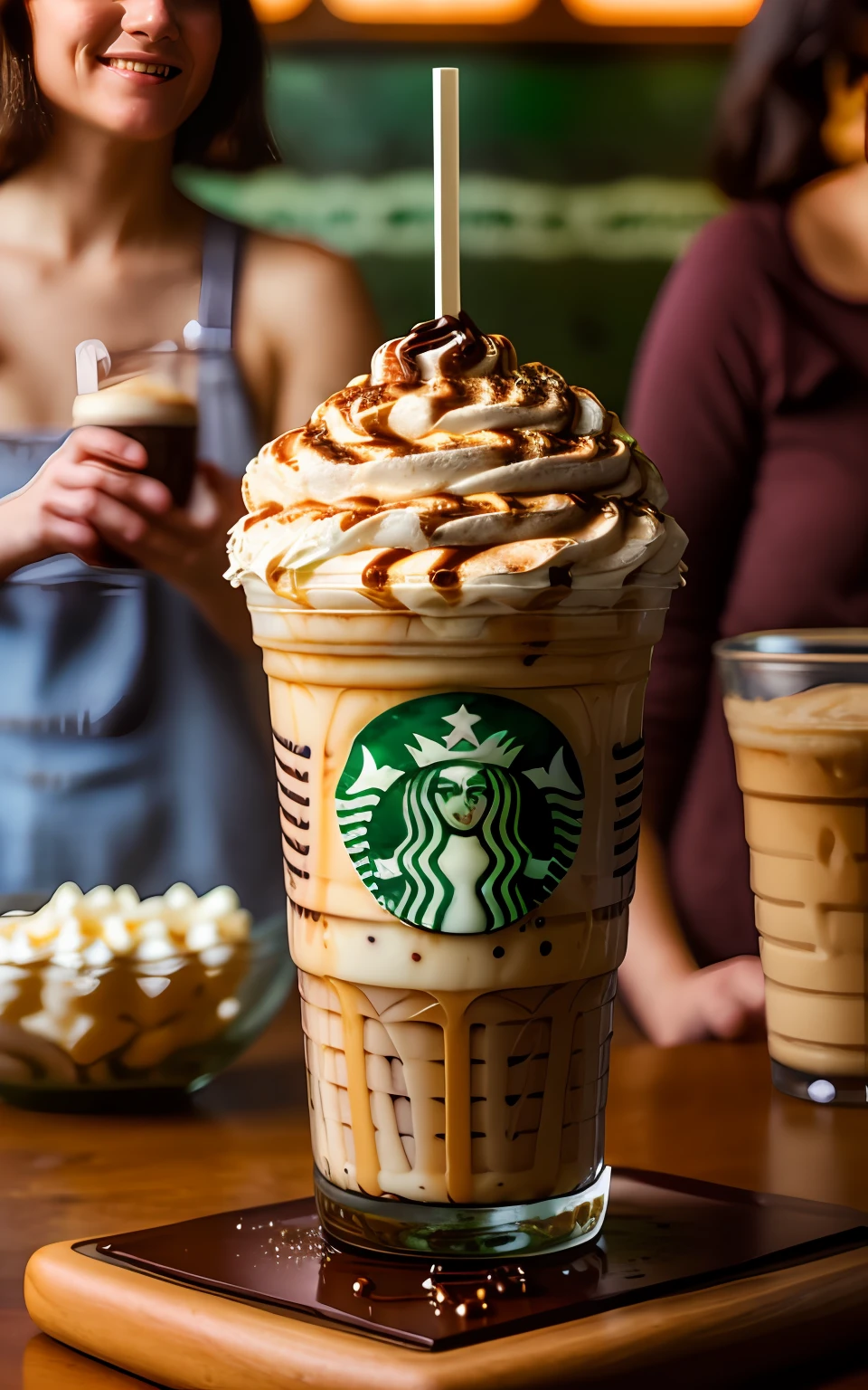 POV photo of an amazing Frappuccino milkshake with chocolate syrup. busy Starbucks dinner interior background, people in background, Starbucks logo on the glass, Cinestill 50D