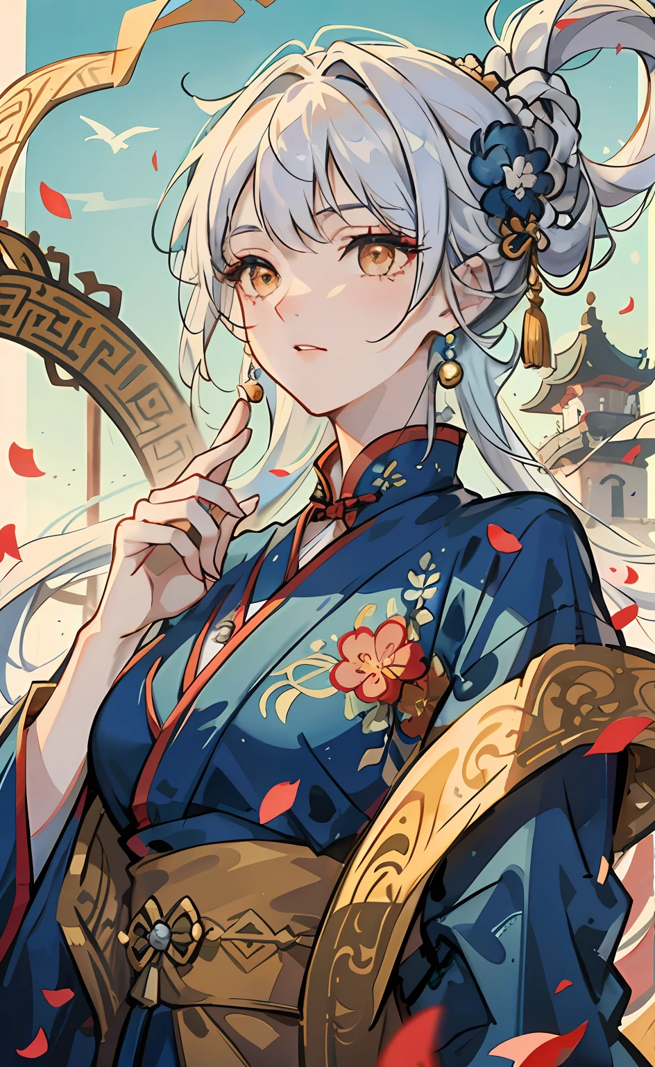 Mature girl ,Orange eyes,Blue-white hair color,Floating hair,Delicate and agile eyes,Intricate damask Dai costumes,Gorgeous accessories,Wearing pearl earrings,fov,f/1.8,tmasterpiece,Ancient Chinese architecture,blue-sky,Petals flying,Frontal portrait shot,Chang'e,Side lighting,The sun shines on people,Dai costumes,Hanfu,8K