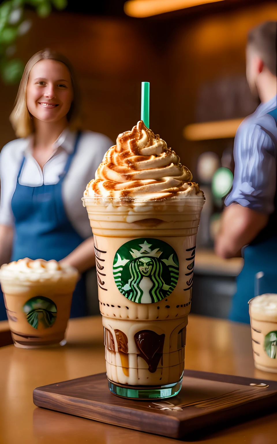 POV photo of an amazing Frappuccino milkshake with chocolate syrup. busy Starbucks dinner interior background, people in background, Starbucks logo on the glass, Cinestill 50D