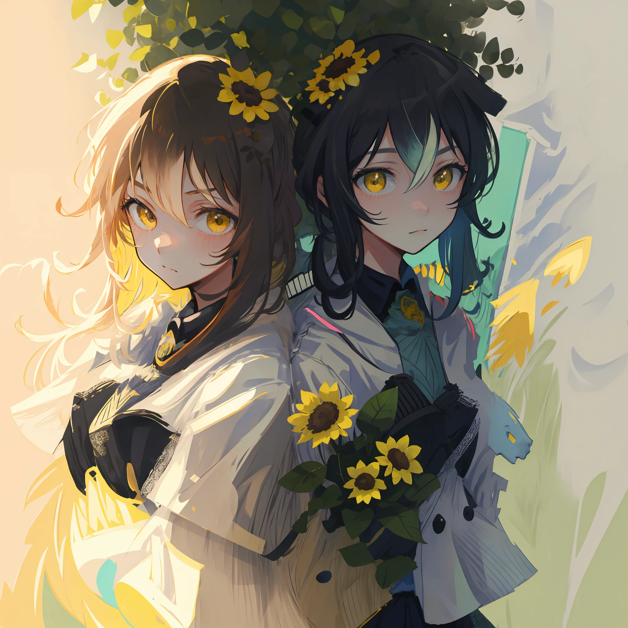 A very charming with a backpack and her cute border collie puppy enjoying a lovely spring outing surrounded by beautiful yellow flowers and nature. The illustration is a high-definition illustration in 4K resolution with highly detailed facial features and cartoon-style visuals.