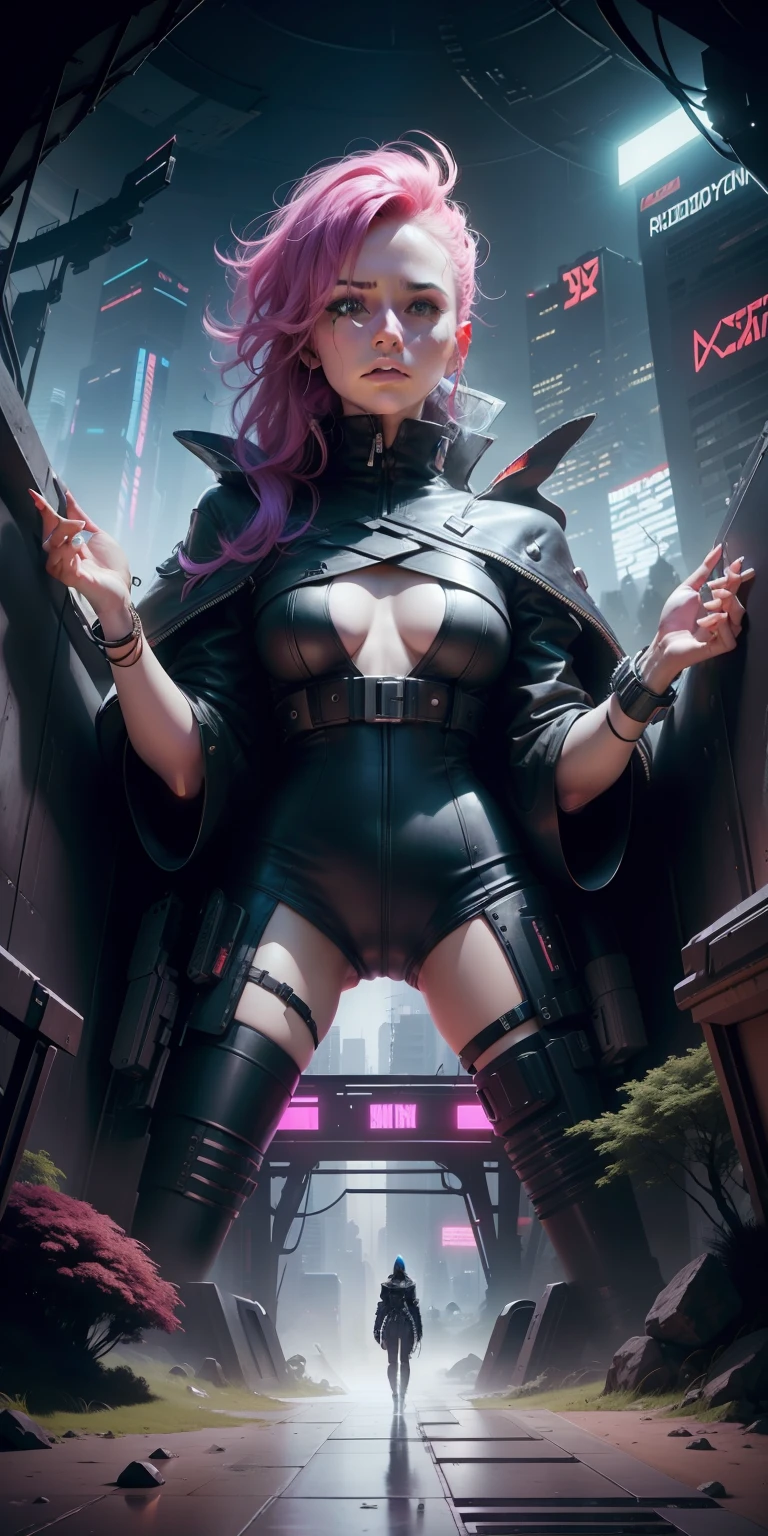 color photo of a cyberpunk illustration of a beautiful woman emerging from a tunnel into a forest. The city skyline is seen in the background, and the sky is sunny. The environment is filled with a mix of natural and technological elements. The mood is futuristic and adventurous. The digital art is created using a Wacom Cintiq Pro and Adobe Photoshop. The camera settings include a high contrast and saturation to create a cyberpunk look. Directors: Ridley Scott, Denis Villeneuve. Cinematographers: Roger Deakins, Hoyte van Hoytema. Photographers: Tim Walker, Annie Leibovitz. Fashion Designers: Alexander McQueen, Gareth Pugh, Iris van Herpen.