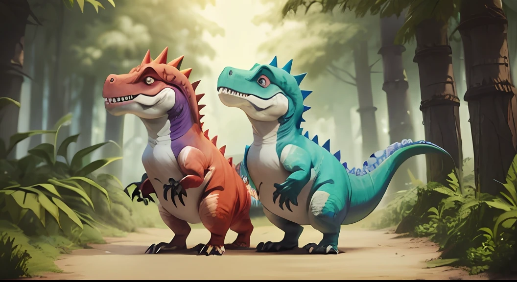Two dinosaurs standing in the middle of the forest, reptoids, lovely digital painting, dinosaurs, raptors, author:Adam Maczynski, trending on polycount, Cute detailed digital art, digital painting highly detailed, trex dinosaur, Stylized 3 D, super detailed color lowpoly art, inspired by Abidin Dino, alosaurus