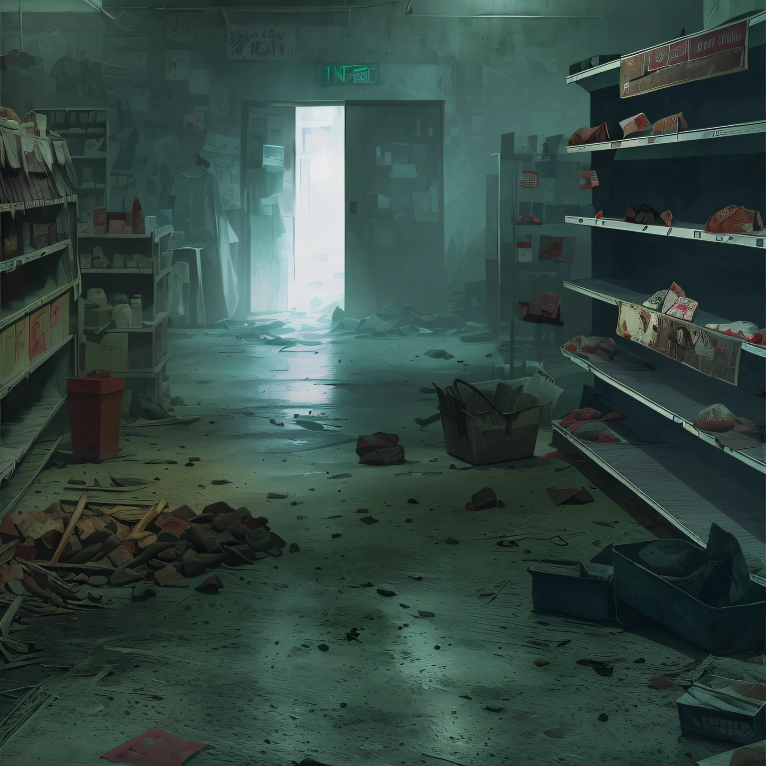 Alafid view of clean and empty shop，Shelves with a small number of items，photorealistic dark concept art, eerie nostalgic concept art, Post-apocalyptic shopping mall, Dystopian digital concept art, highly realistic concept art, silent hill concept art, post apocalyptic atmosphere, author：Alexander Jean, clean concept art, Post apocalyptic scenario