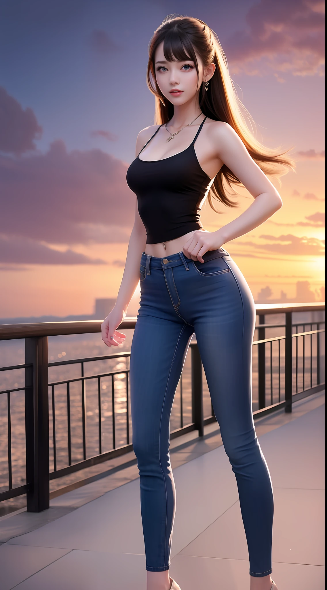 4k ultra hd, masterpiece, very high quality, a girl, age 20 years old girl, good face, smooth face, detailed eyes, beautiful hair, very long hair, hair band, cute look, modern clothes, pink shirt, black  jeans, good shoes, morning background, buildings, sun lights, clear weather, stylish looking,
