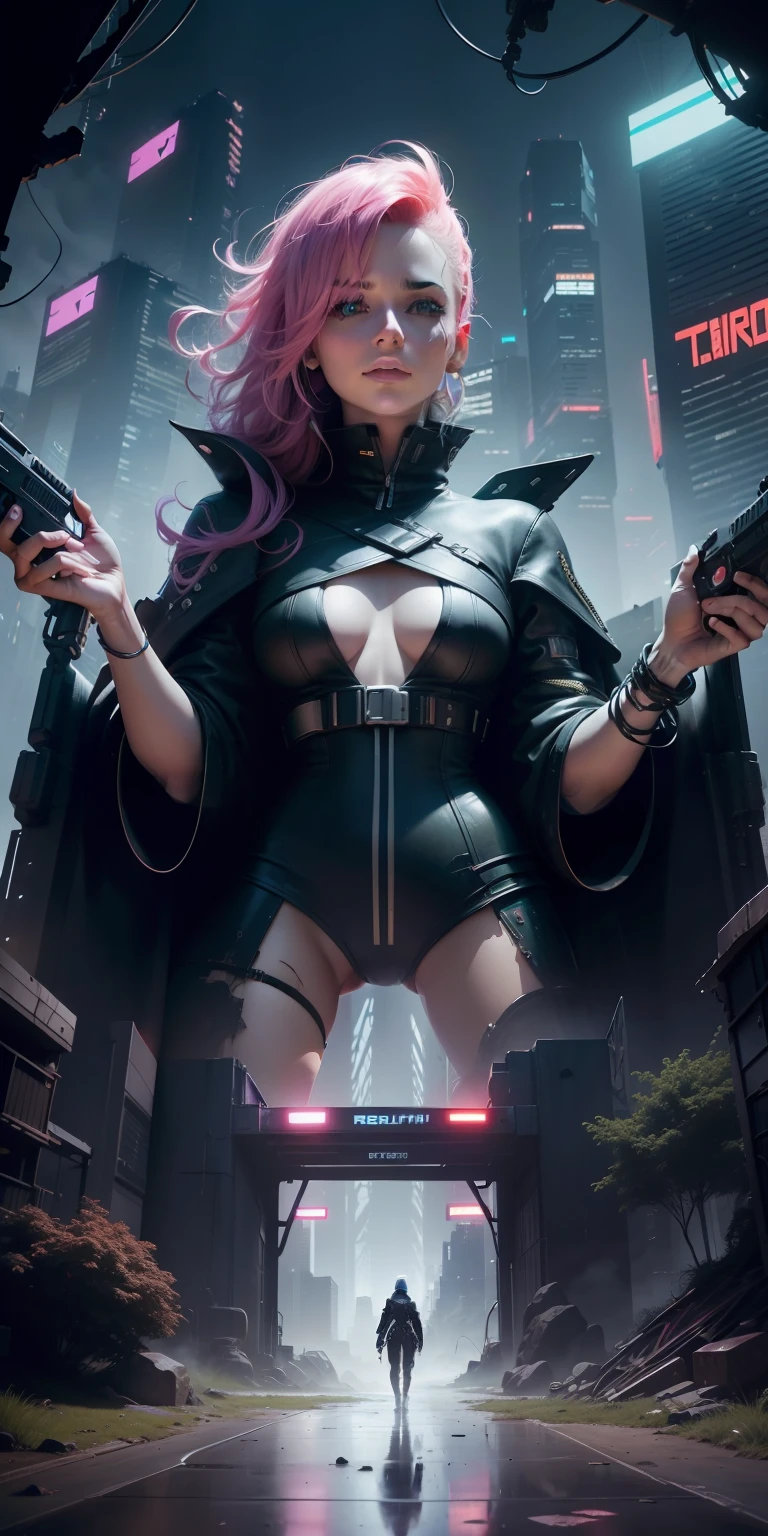color photo of a cyberpunk illustration of a beautiful woman emerging from a tunnel into a forest. The city skyline is seen in the background, and the sky is sunny. The environment is filled with a mix of natural and technological elements. The mood is futuristic and adventurous. The digital art is created using a Wacom Cintiq Pro and Adobe Photoshop. The camera settings include a high contrast and saturation to create a cyberpunk look. Directors: Ridley Scott, Denis Villeneuve. Cinematographers: Roger Deakins, Hoyte van Hoytema. Photographers: Tim Walker, Annie Leibovitz. Fashion Designers: Alexander McQueen, Gareth Pugh, Iris van Herpen.