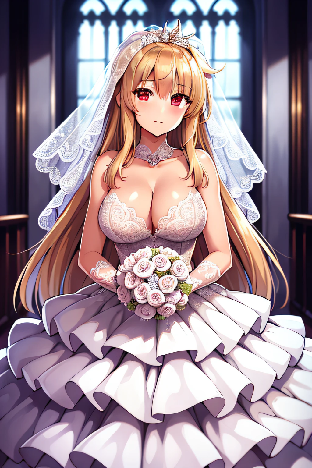 (((Best quality))), ((Ultra-detailed)), ((illustration)), ((Disheveled hair)), ((frilld)), (1 girl), (Solo),(wedding gown:1.4),