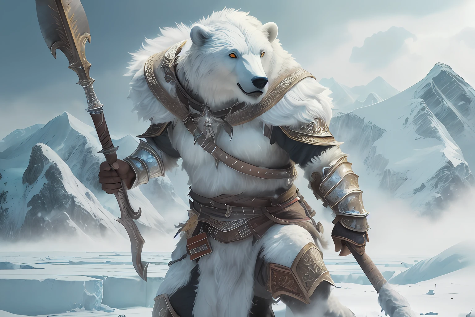 a picture of an an anthro white bear warrior, armed with an spear (intense details, Masterpiece, best quality: 1.5),, wearing heavy armor (intense details, Masterpiece, best quality: 1.5), rich white fur, arctic background, heavy snow (intense details, Masterpiece, best quality: 1.5), high details, best quality, 8k, [ultra detailed], masterpiece, best quality, (extremely detailed), ultra wide shot, photorealistic, RAW, 3D rendering, fantasy art, dnd art, fantasy art, realistic art, octane rendering, an ultra wide angle