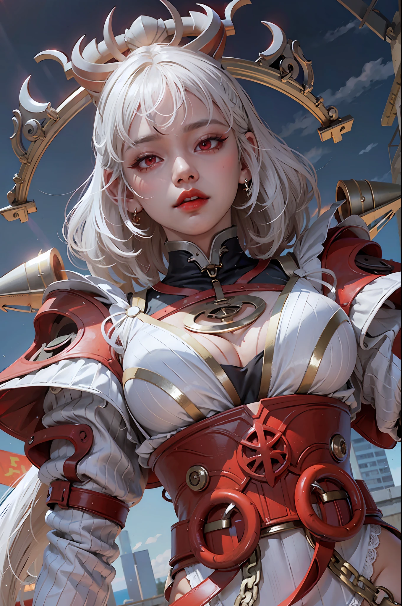 Elbow, background, white hair, red lips, red eyes.