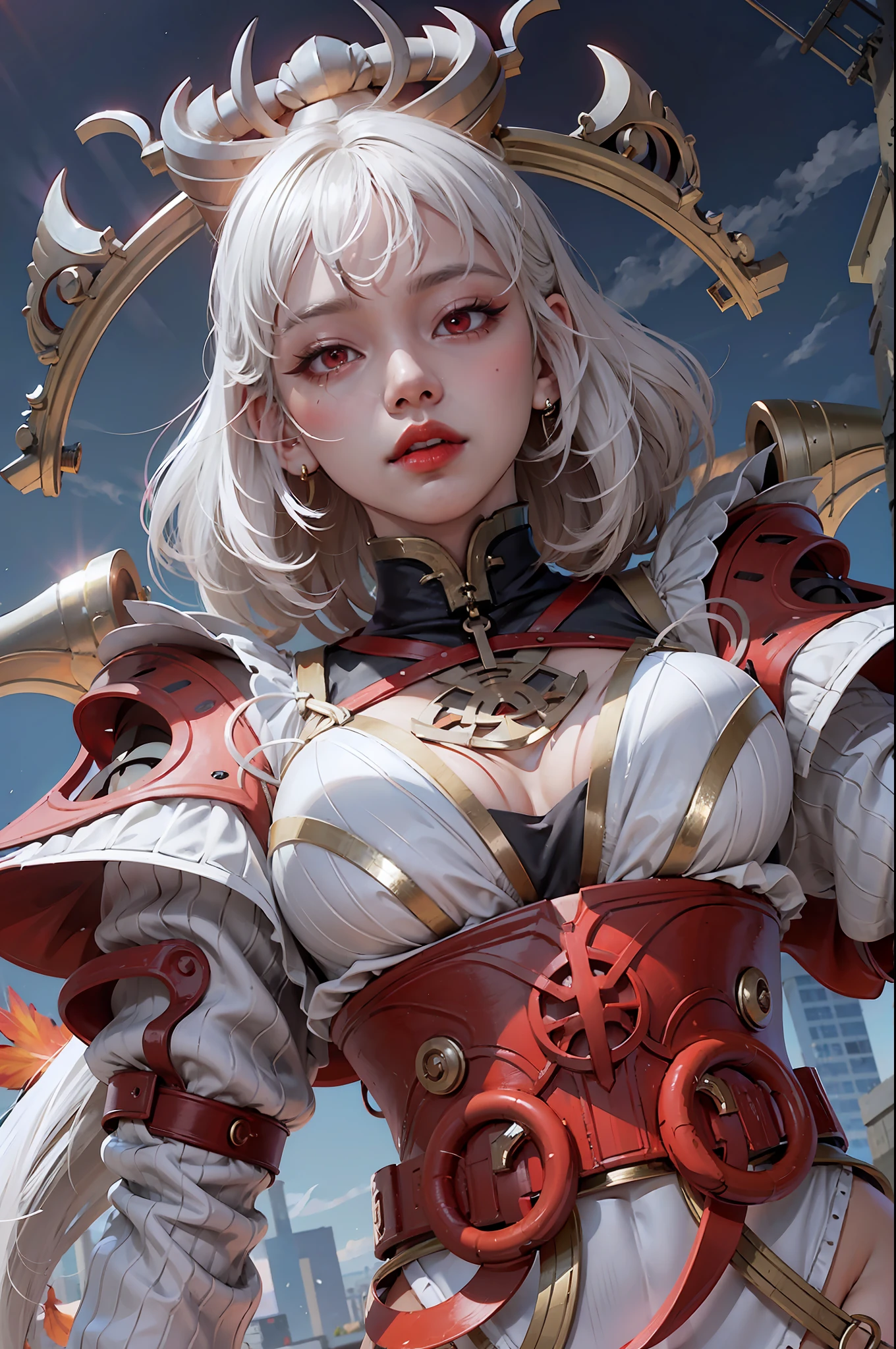 Elbow, background, white hair, red lips, red eyes.