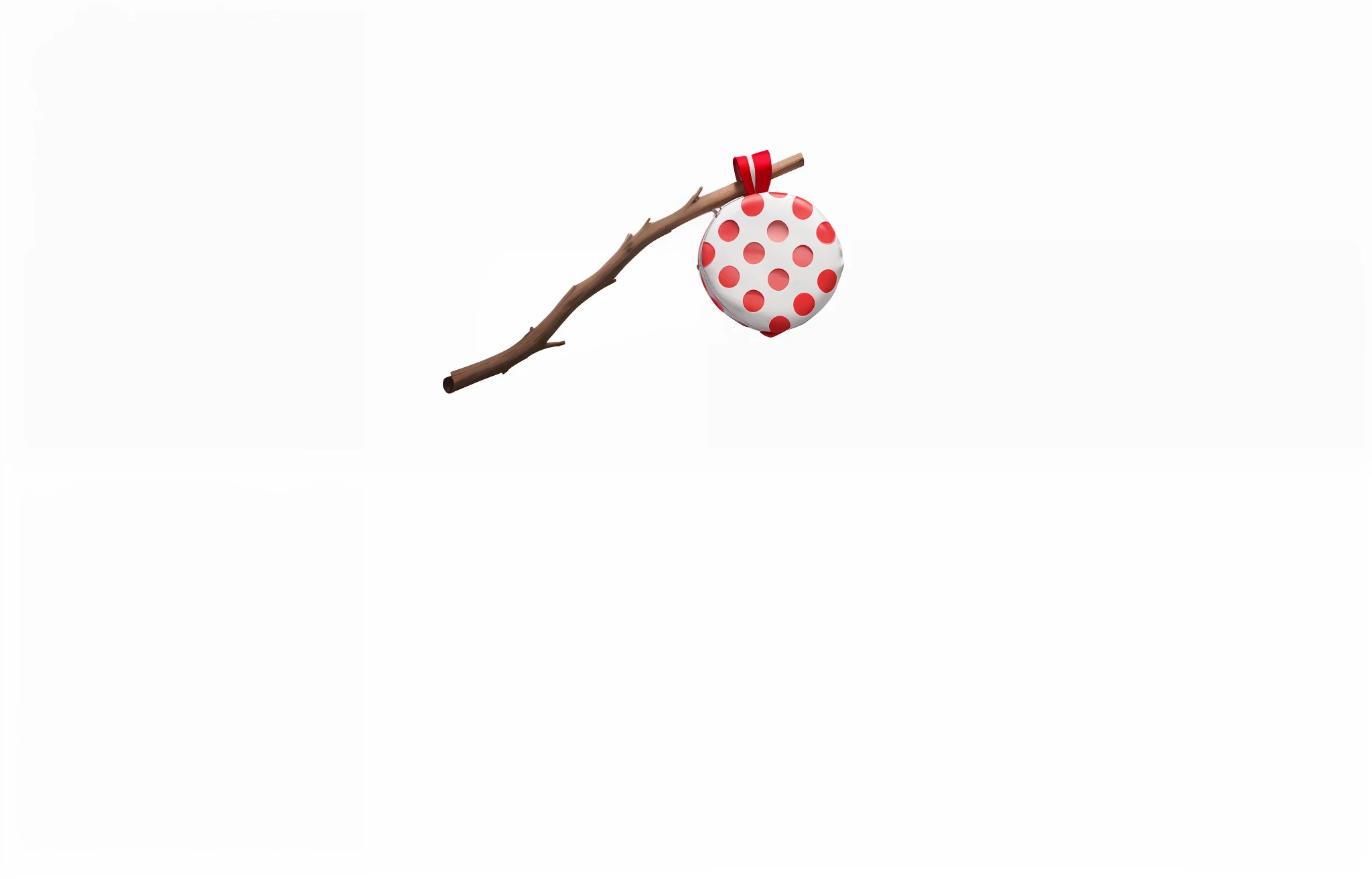 bolso de tela fondo blanco con puntos rojos atado a un palo de madera