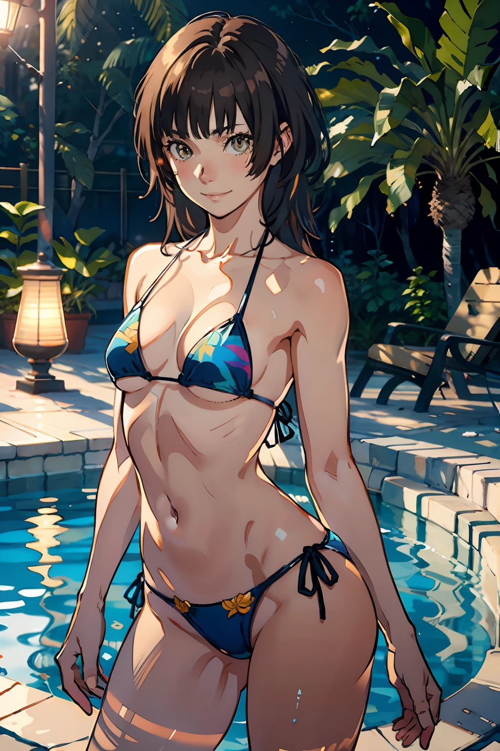 ((masutepiece,Best Quality)), High-definition CG, Realistic, (超A high resolution:1.0), Beautiful lighting ,Perfect Lightning, Realistic Shadows, Very detailed 8k wallpaper, (Colorful),(Delicate eyes and face), volumatic light, Ray tracing, KR1, Brown eyes, Blunt bangs, nice hand, Perfect hands, (Minimum Micro Bikini:1.2), Small breasts, in poolside, Smile, bare thigh,