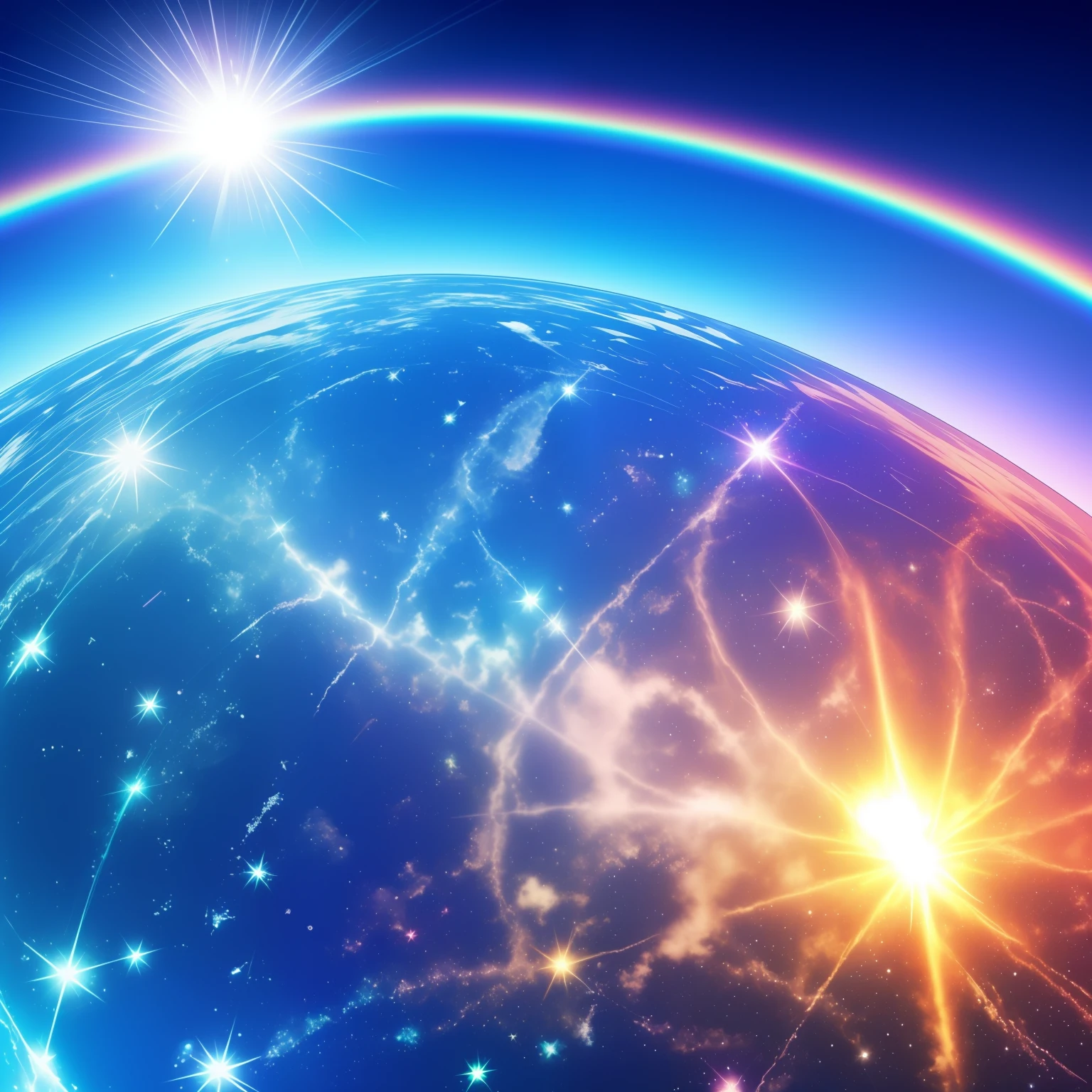 View of an interdimensional space、blue-sky、Chemical Fusion、big explosion、Strewn with crystal fragments、Light is diffuse reflection、rainbows