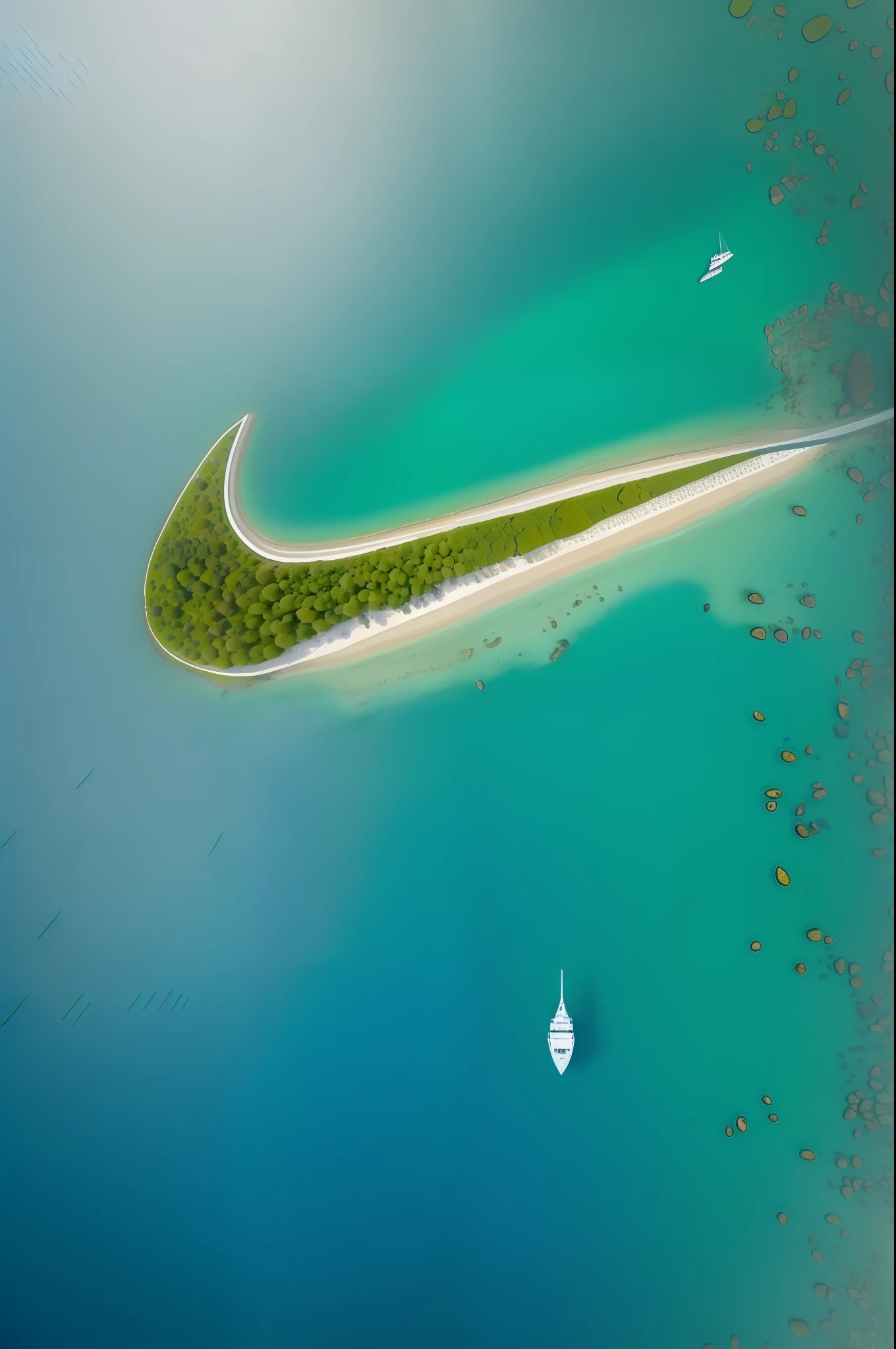 bird's eyes view,An apple-shaped island surrounded by the sea,There are green trees on the island,The island has white sandy beaches,There is a ship in the sea, drone photography, a photo by Matthias Weischer,From above, ariel view, View from above, shot from above, An island, an island floating in the air, tropical island, aerial shot, shot from drone, bird's eyes view, looking from above, shot from drone, very close to real nature, Bird's eye view